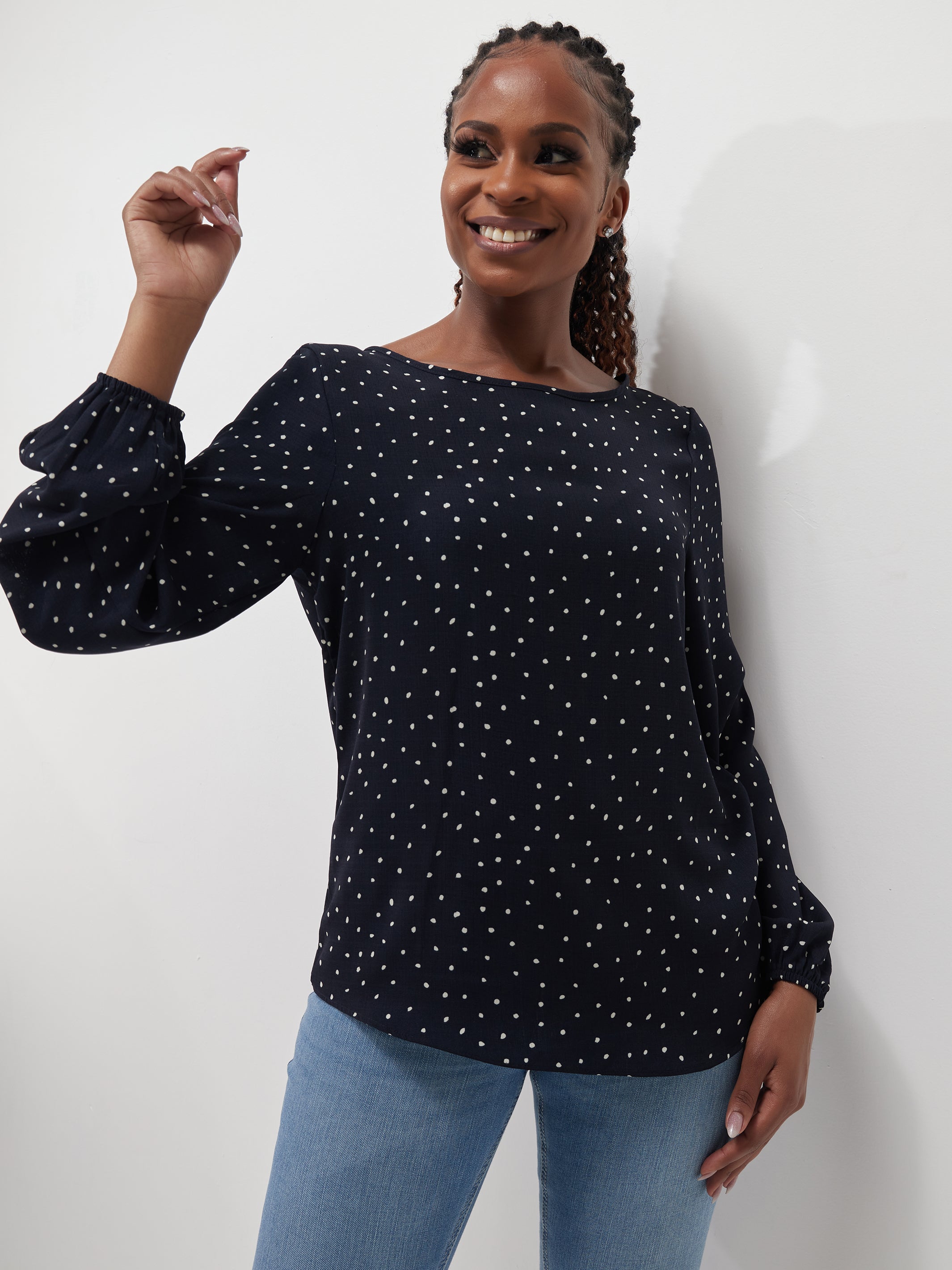 Vivo Basic Long Sleeved Bishop Top - Navy / White Polka