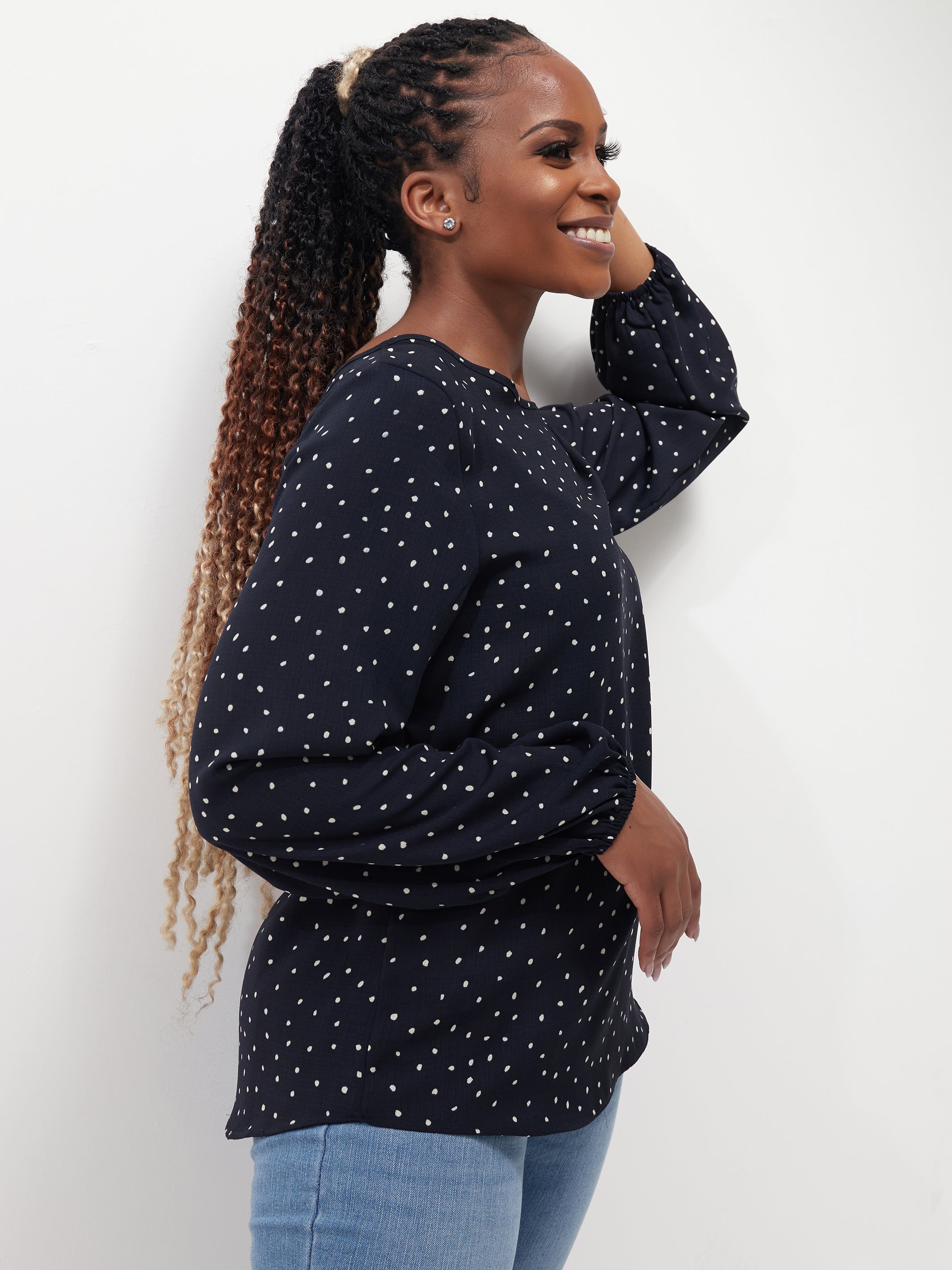 Vivo Basic Long Sleeved Bishop Top - Navy / White Polka