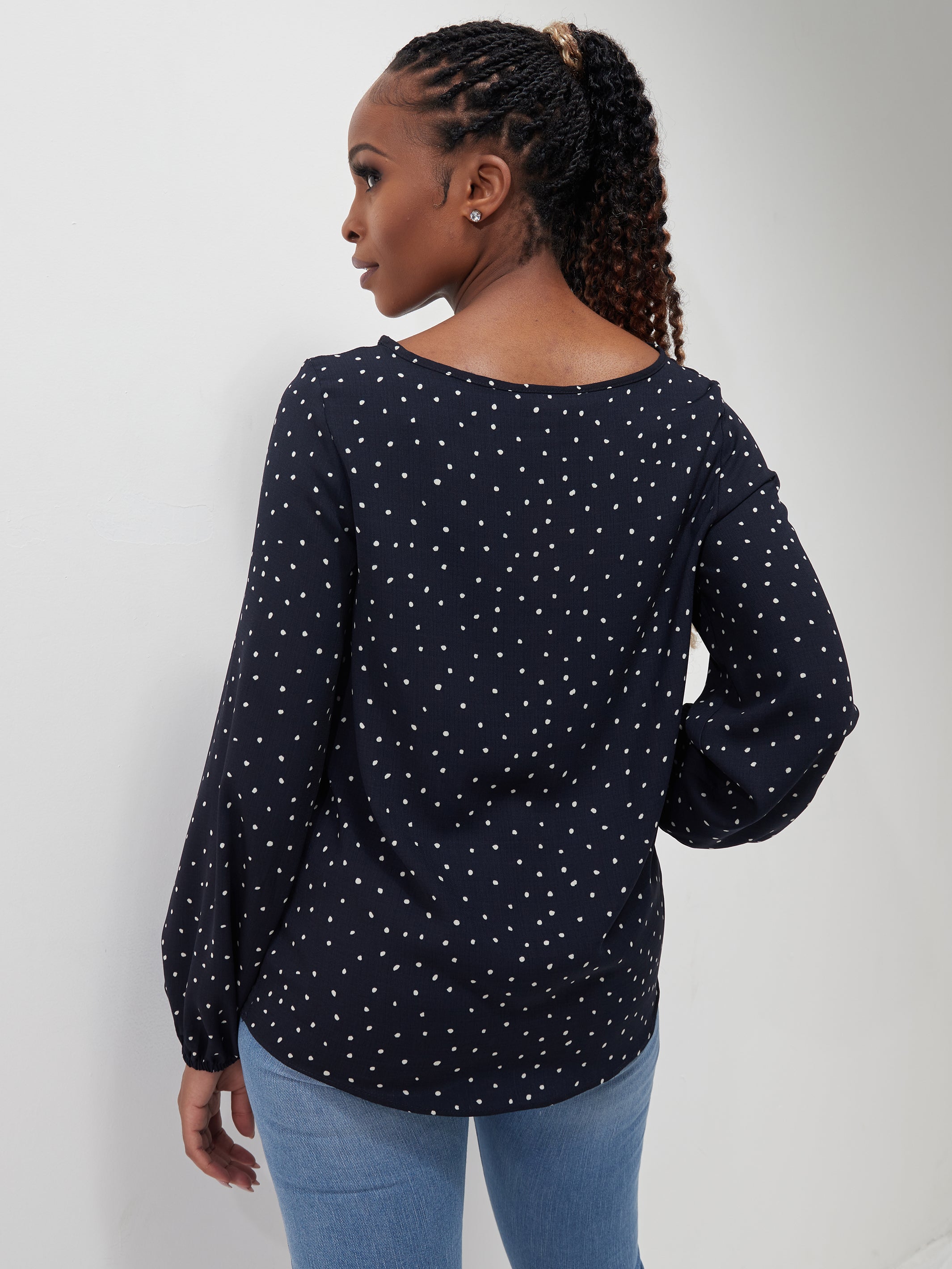 Vivo Basic Long Sleeved Bishop Top - Navy / White Polka