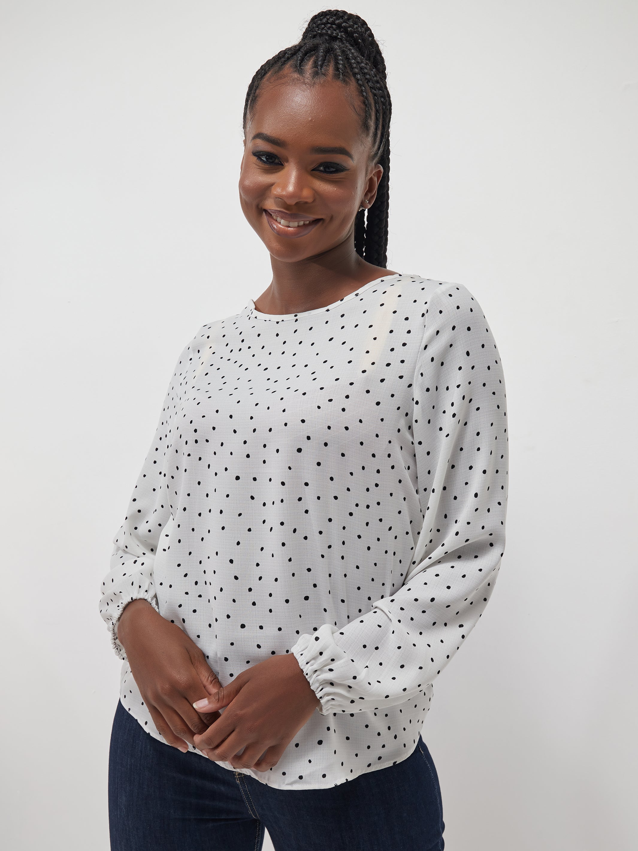Vivo Basic Long Sleeved Bishop Top - White / Black Polka