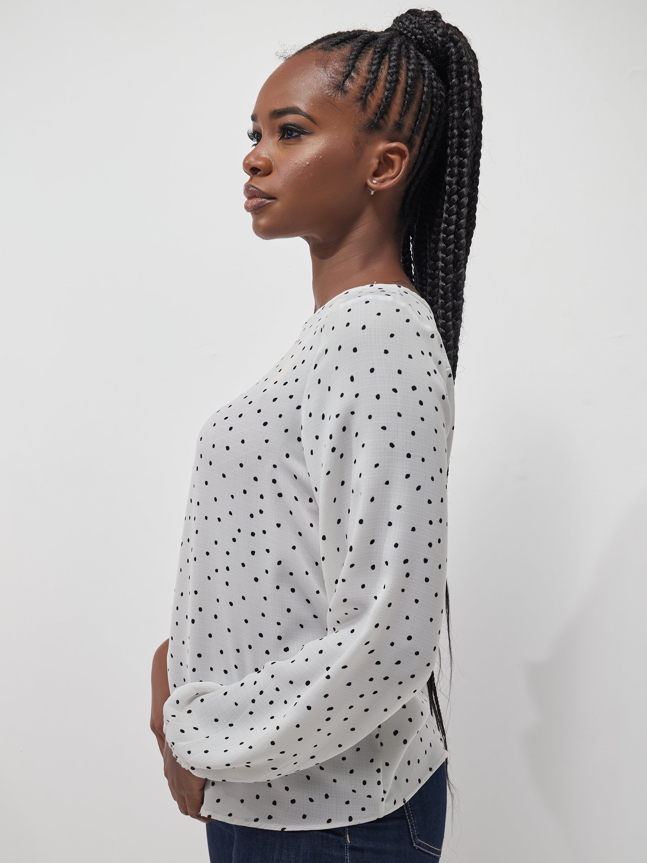 Vivo Basic Long Sleeved Bishop Top - White / Black Polka