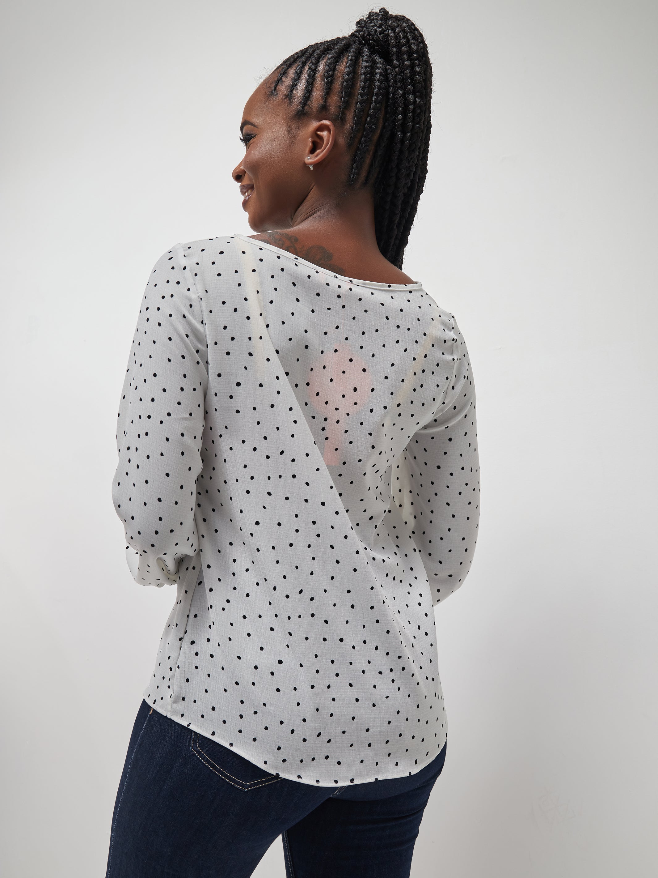 Vivo Basic Long Sleeved Bishop Top - White / Black Polka
