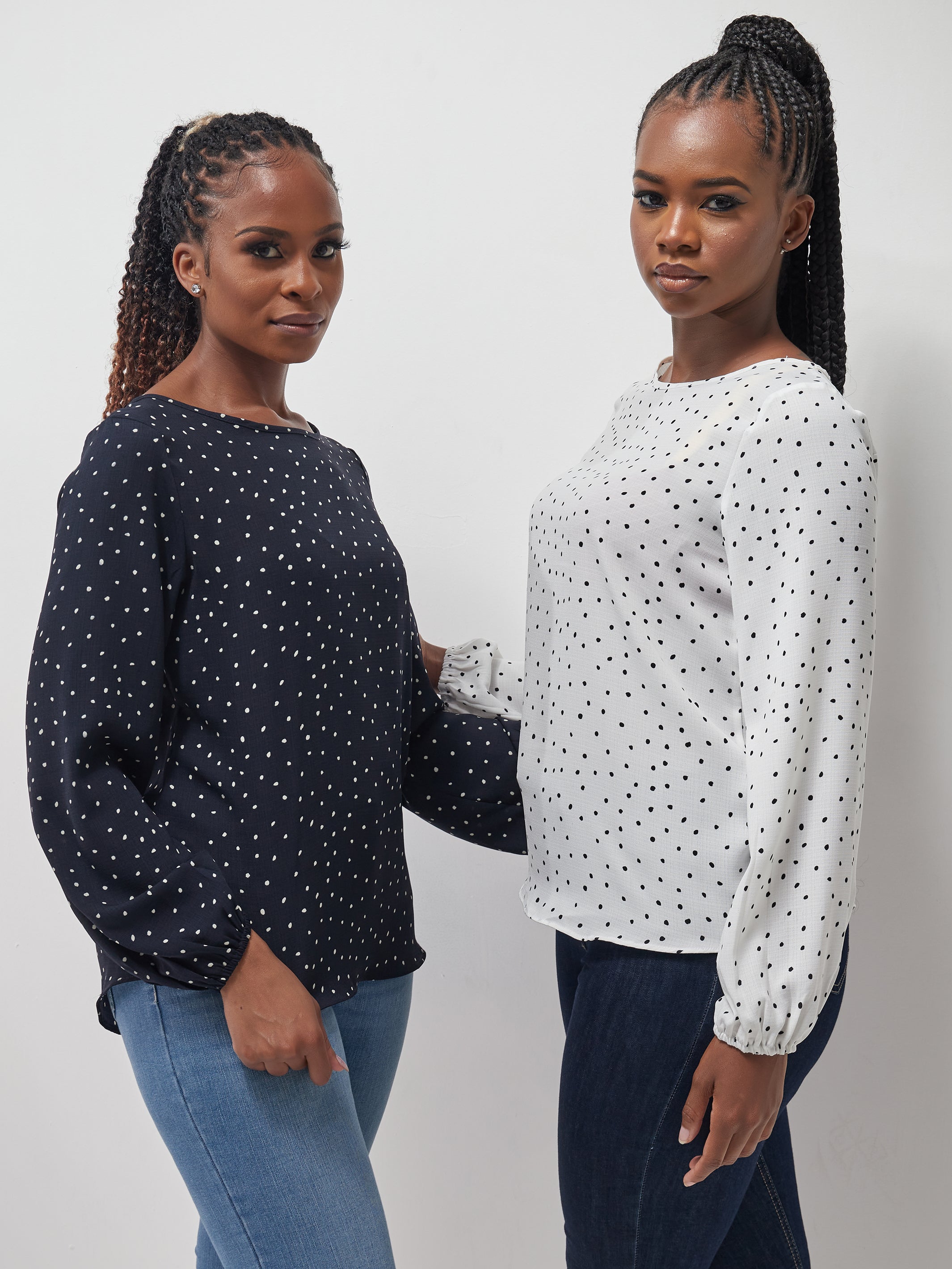 Vivo Basic Long Sleeved Bishop Top - Navy / White Polka