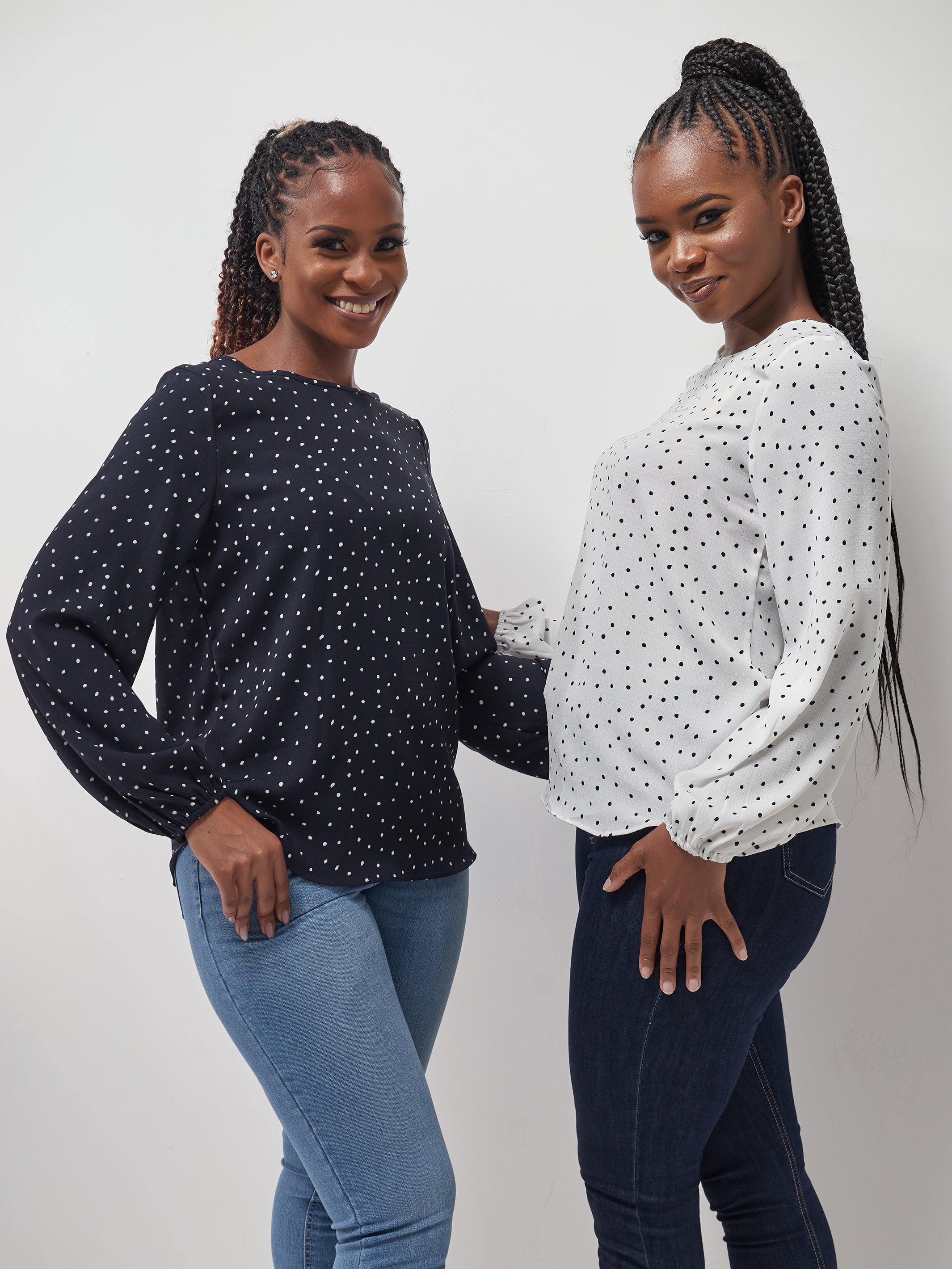 Vivo Basic Long Sleeved Bishop Top - White / Black Polka