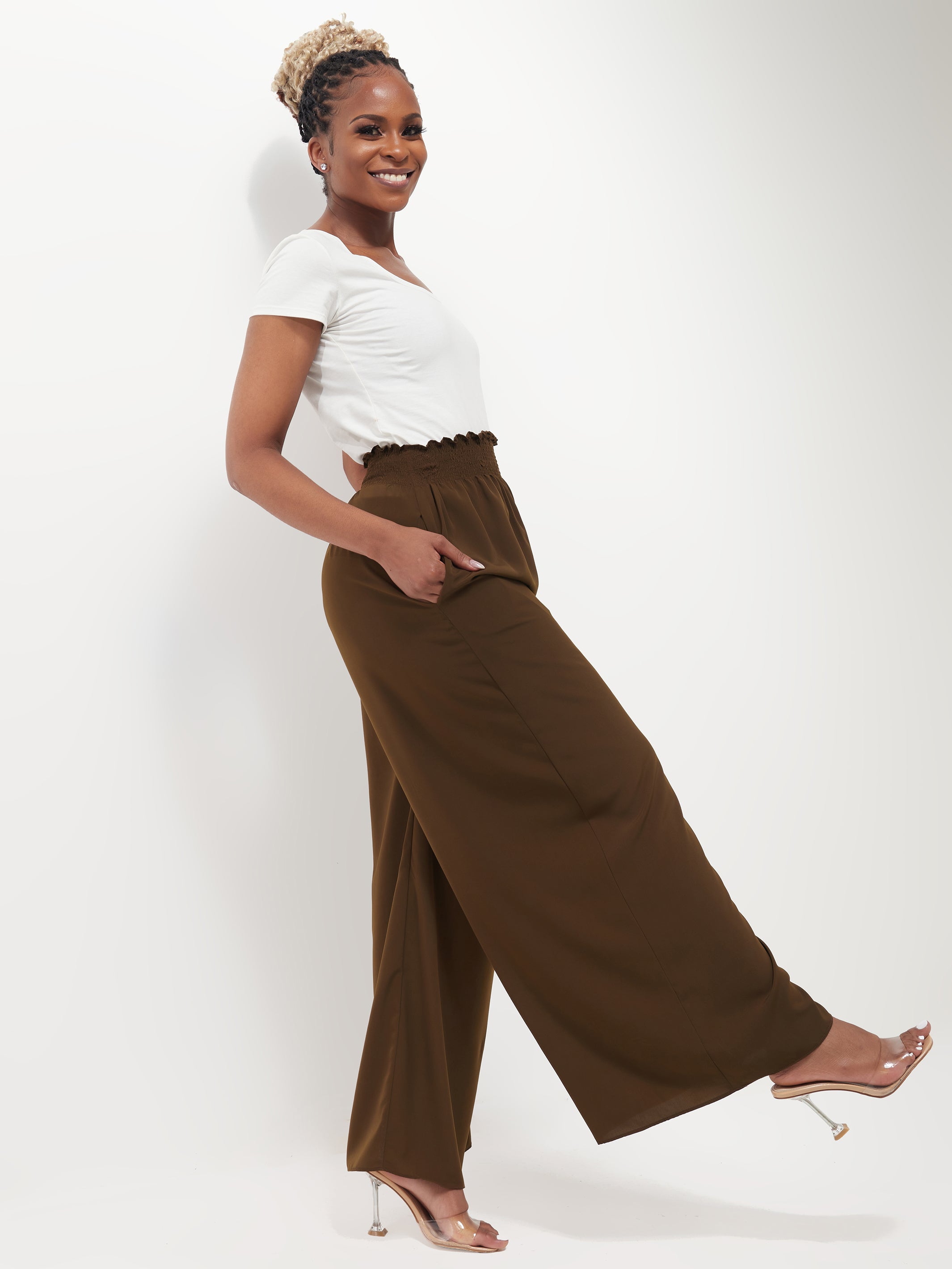 Safari Naima Shirred Waist Wide Leg Pants - Hunters Green