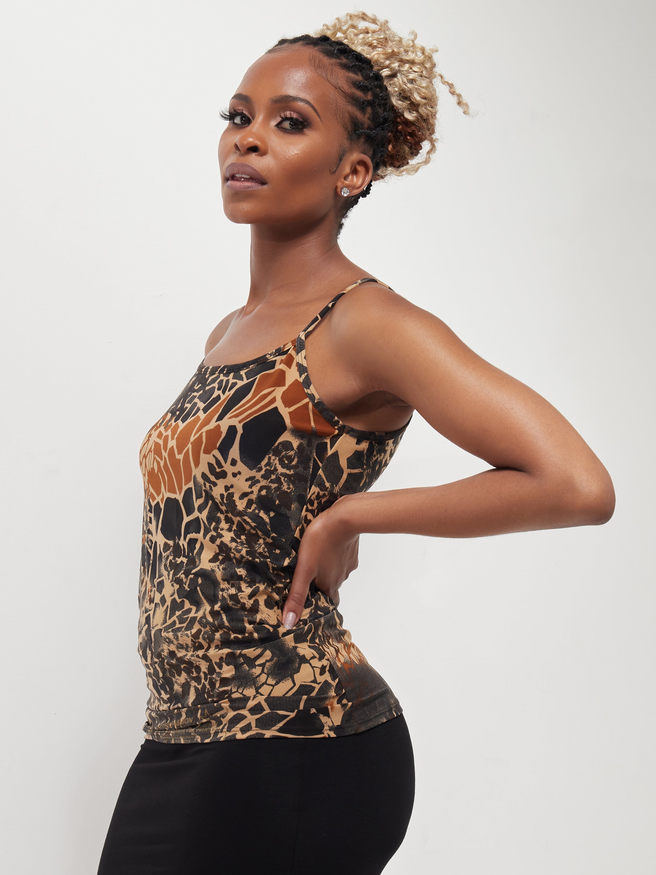 Zoya Basic Spaghetti Tank Top - Brown Animal Print