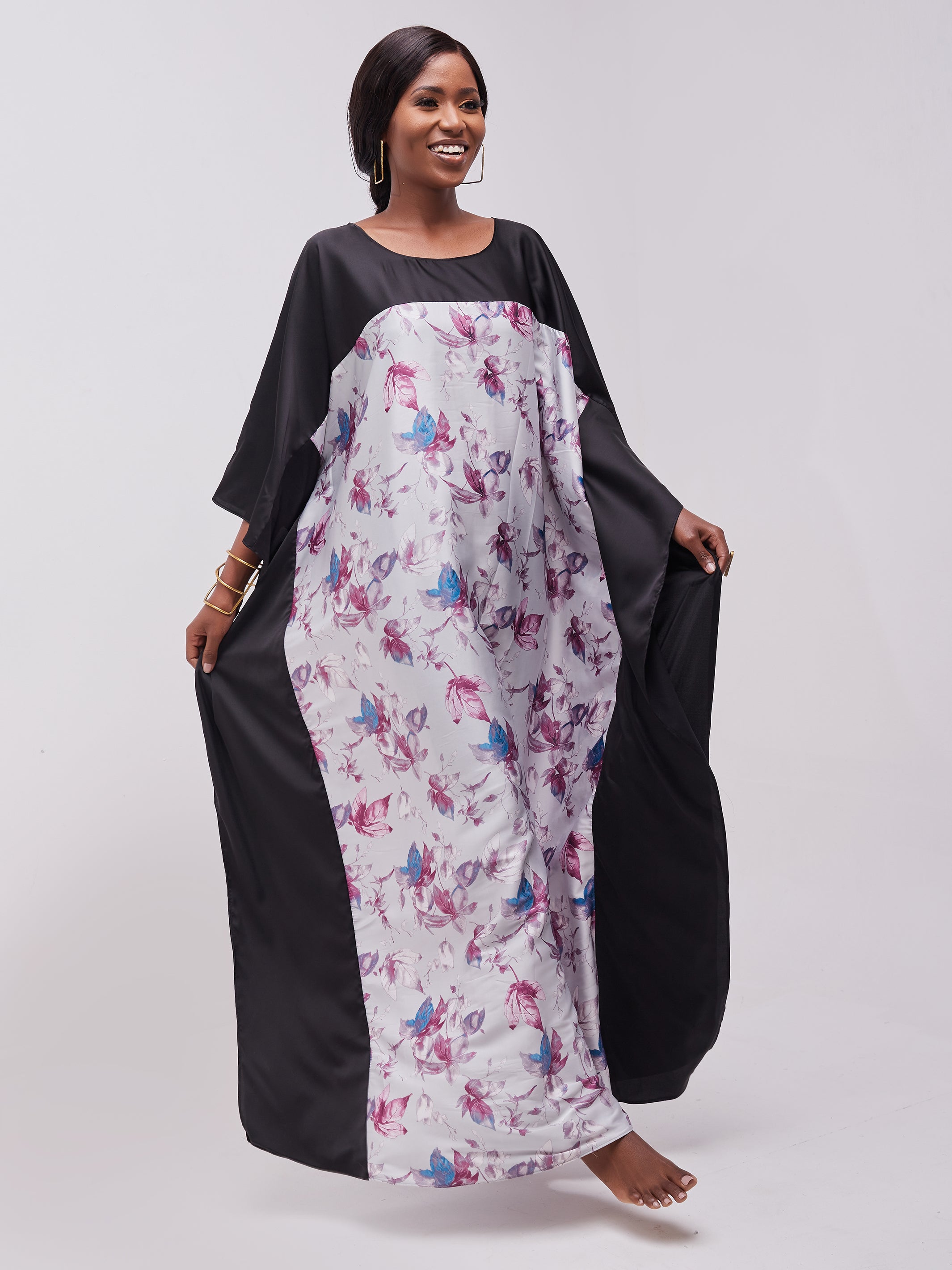 Vivo Watamu Satin Border Maxi Kaftan - Purple / Grey Print