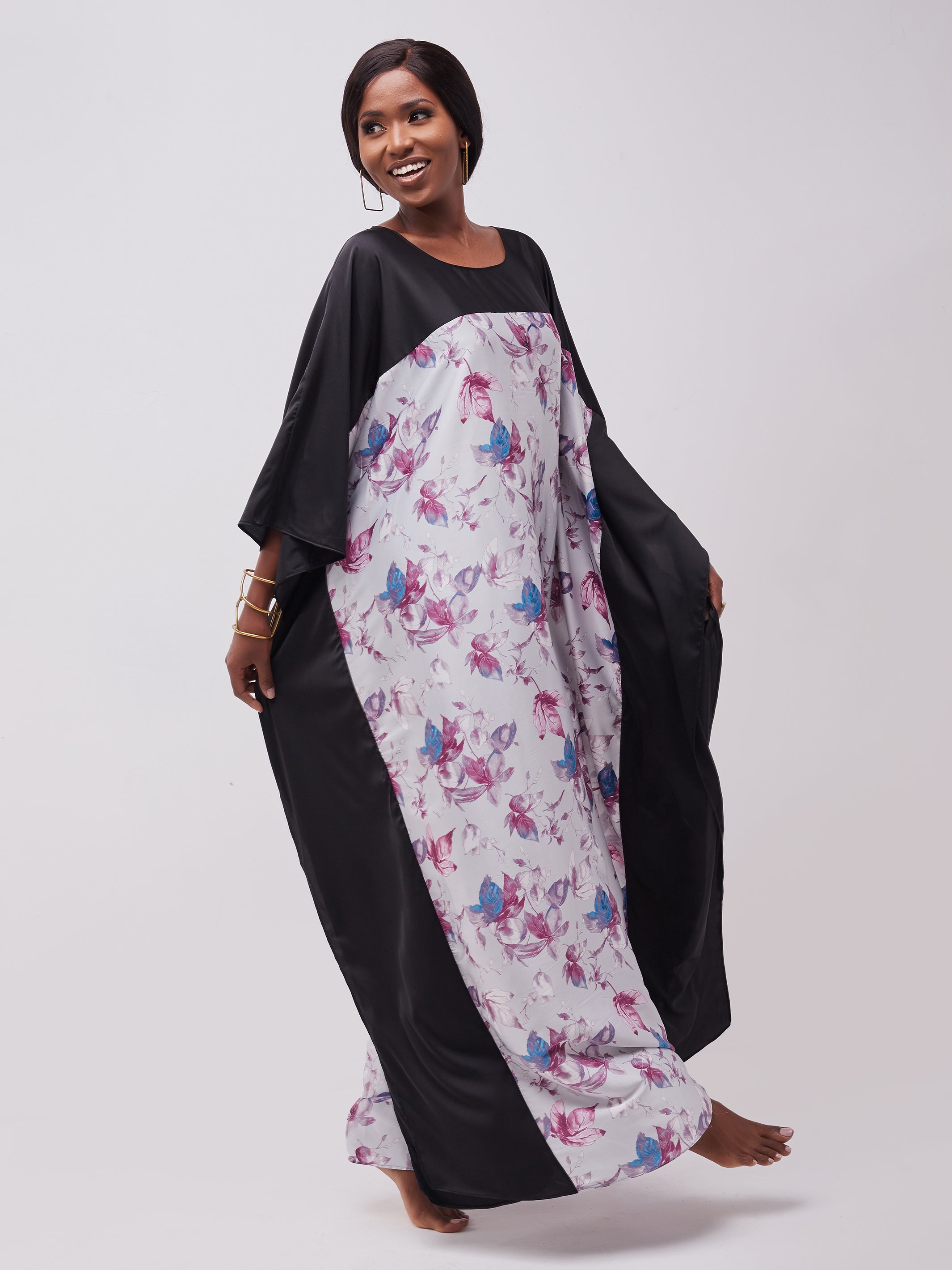 Vivo Watamu Satin Border Maxi Kaftan - Purple / Grey Print