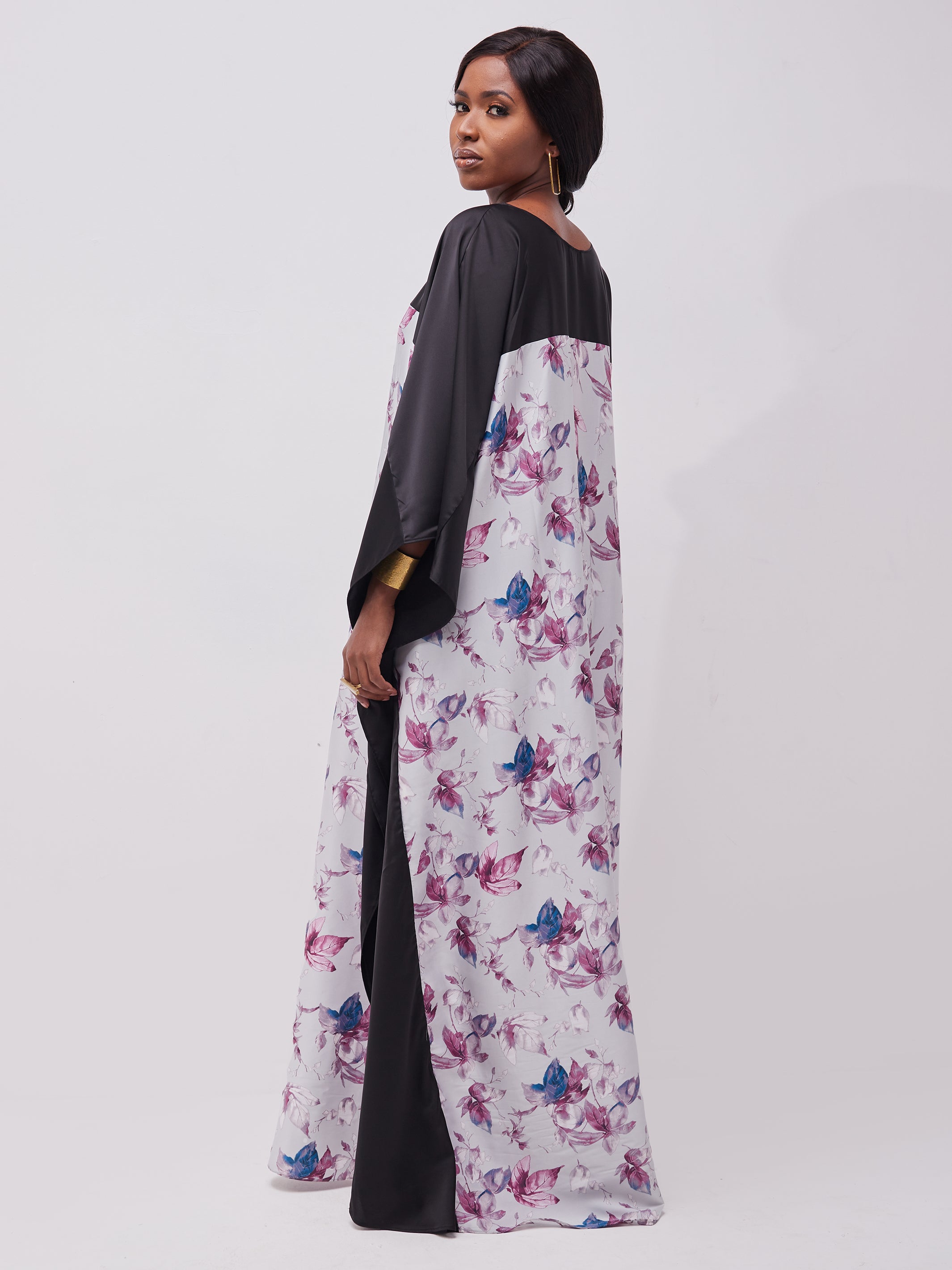 Vivo Watamu Satin Border Maxi Kaftan - Purple / Grey Print