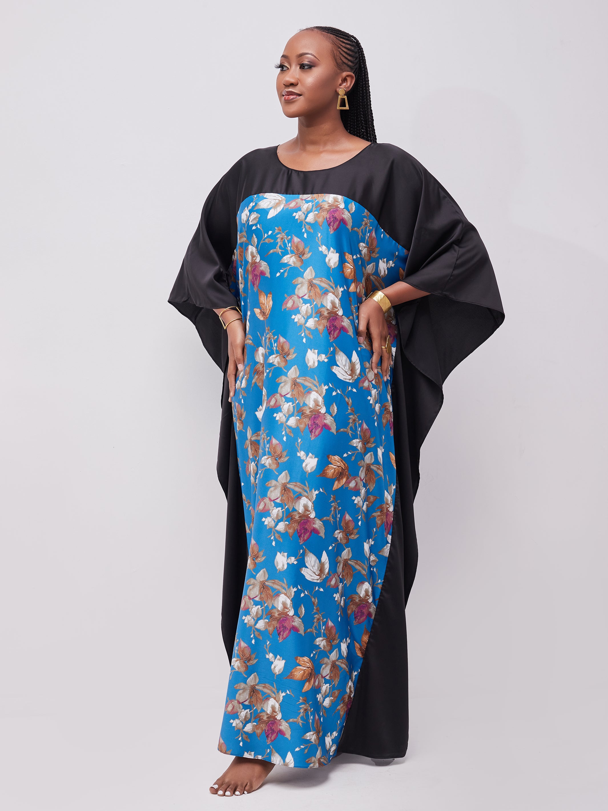 Vivo Watamu Satin Border Maxi Kaftan - Blue / Black Print