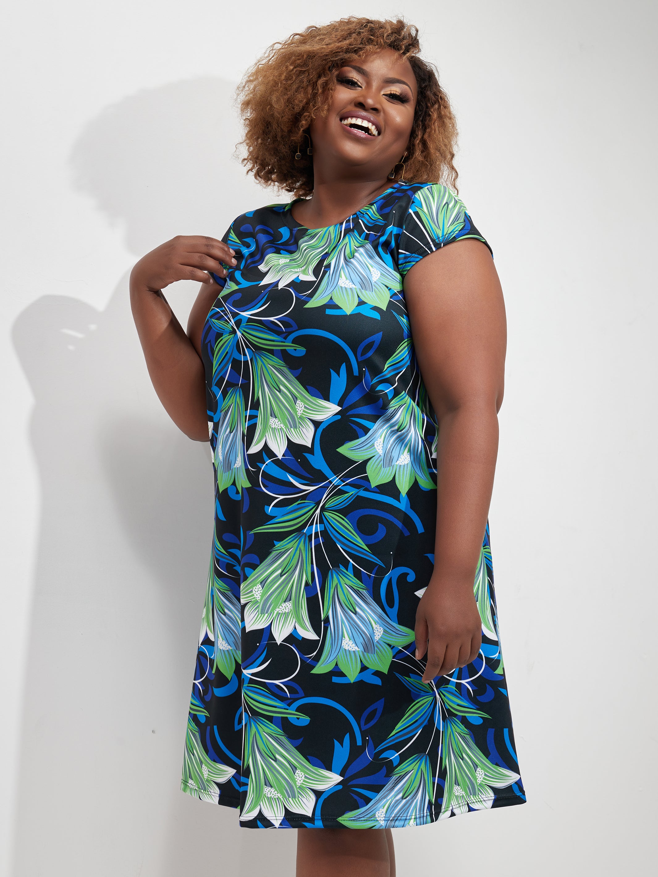 Vivo Tuni Cap Sleeve Tent Dress - Green / Blue Print
