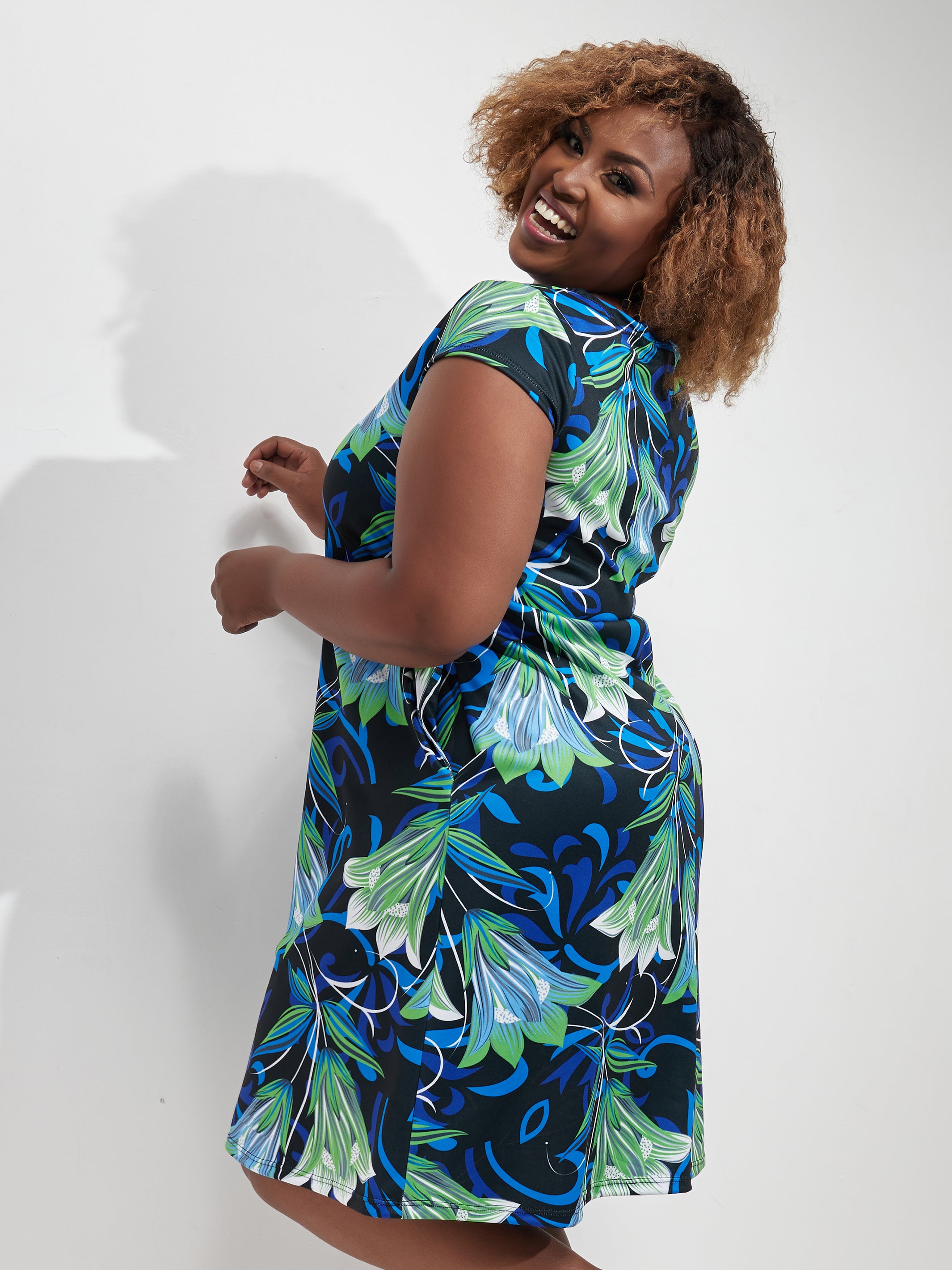 Vivo Tuni Cap Sleeve Tent Dress - Green / Blue Print