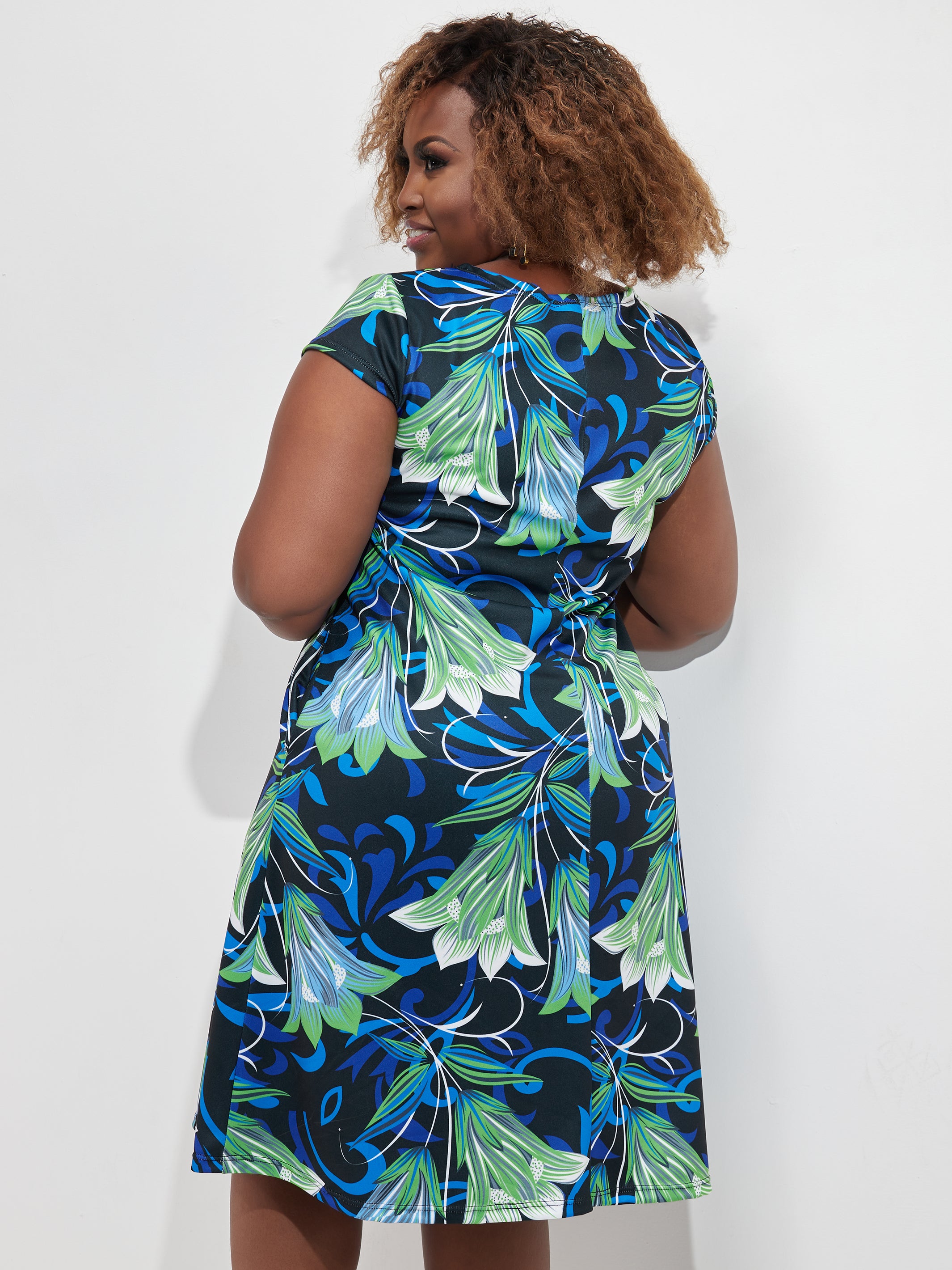 Vivo Tuni Cap Sleeve Tent Dress - Green / Blue Print