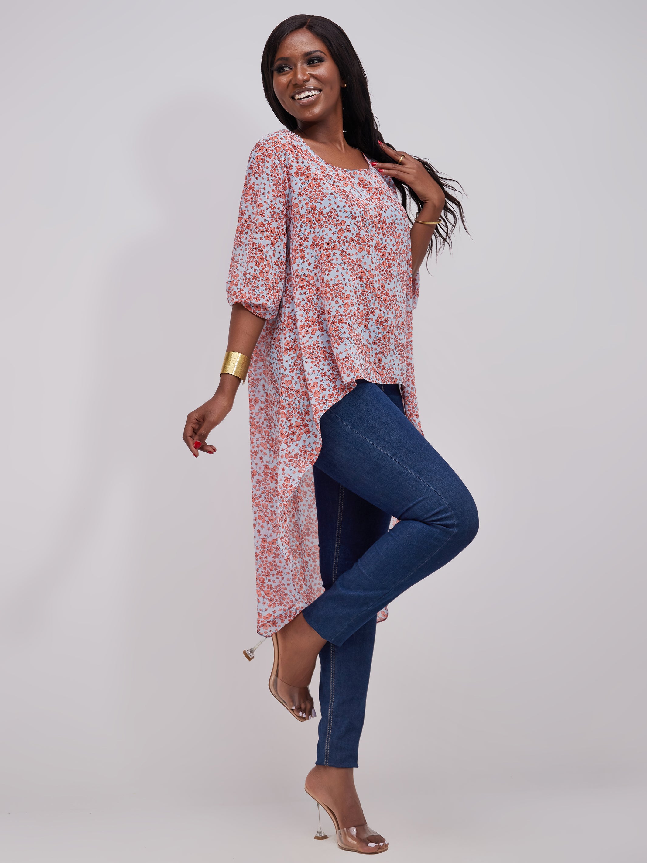 Vivo Basic Nalia High-low Chiffon Top - Light Blue / Rust Print