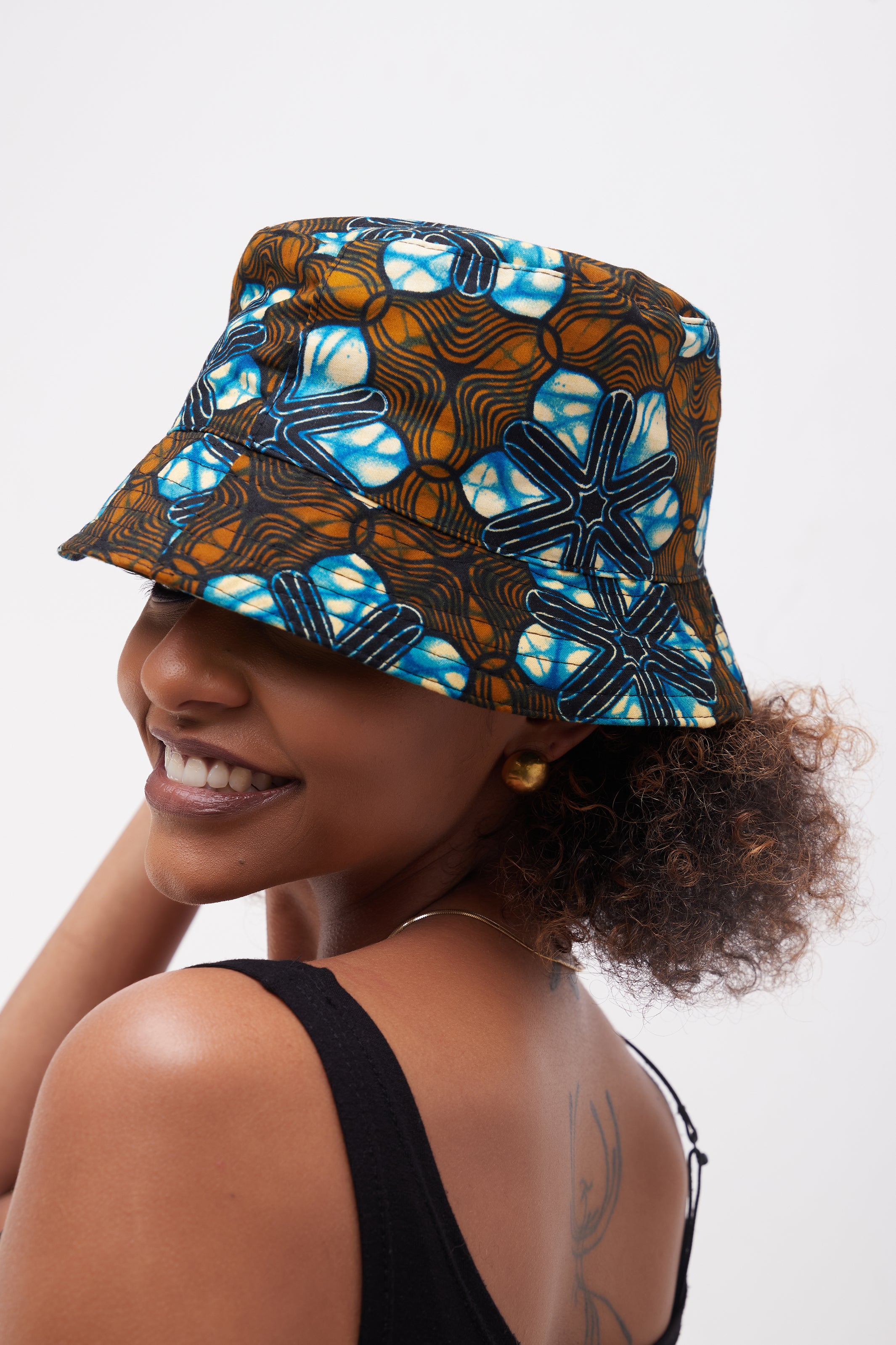 Safari Basic Bucket Hat - Blue / Brown Print