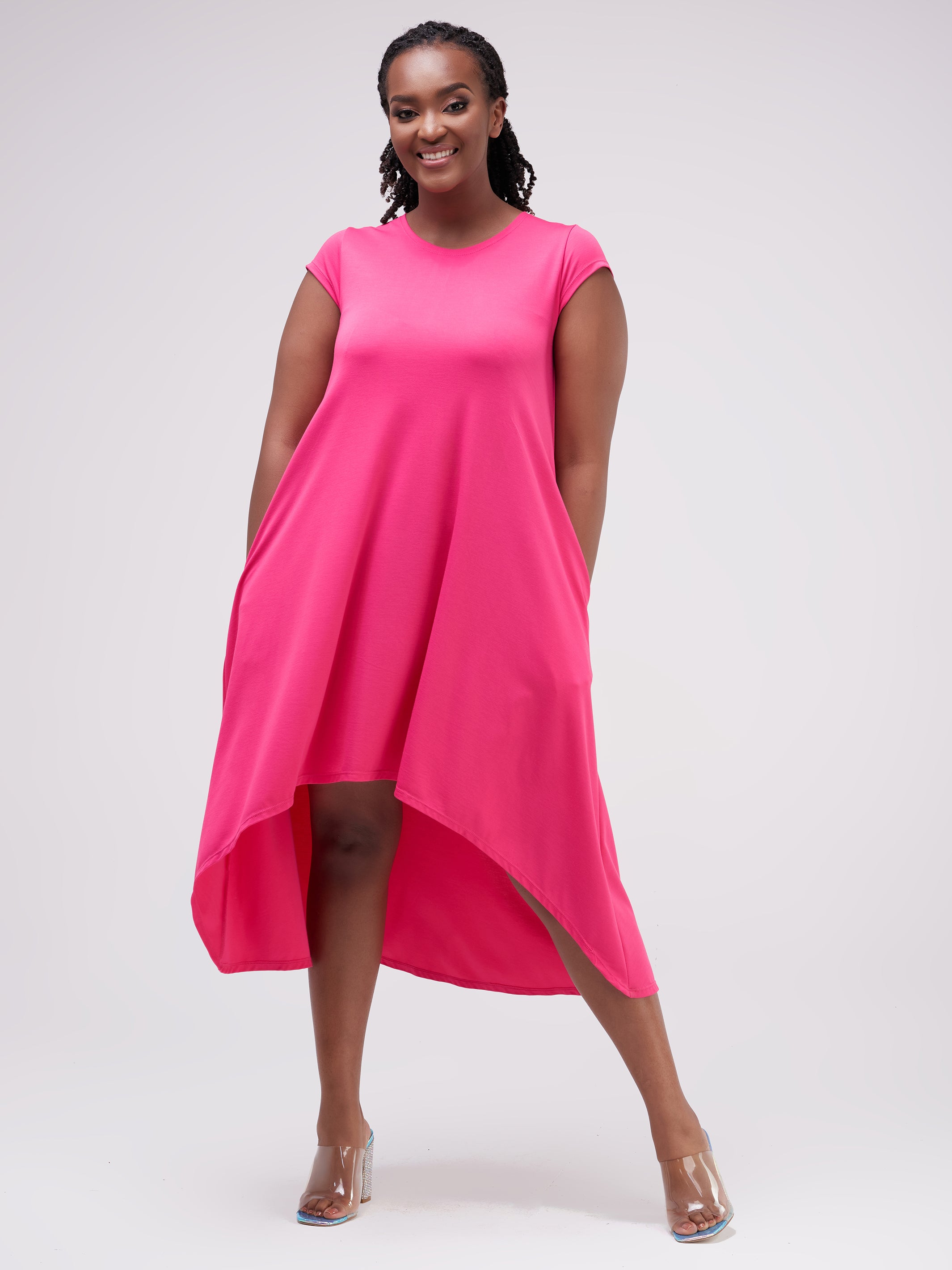 Vivo Ponte Back Pleat High Low Dress - Pink