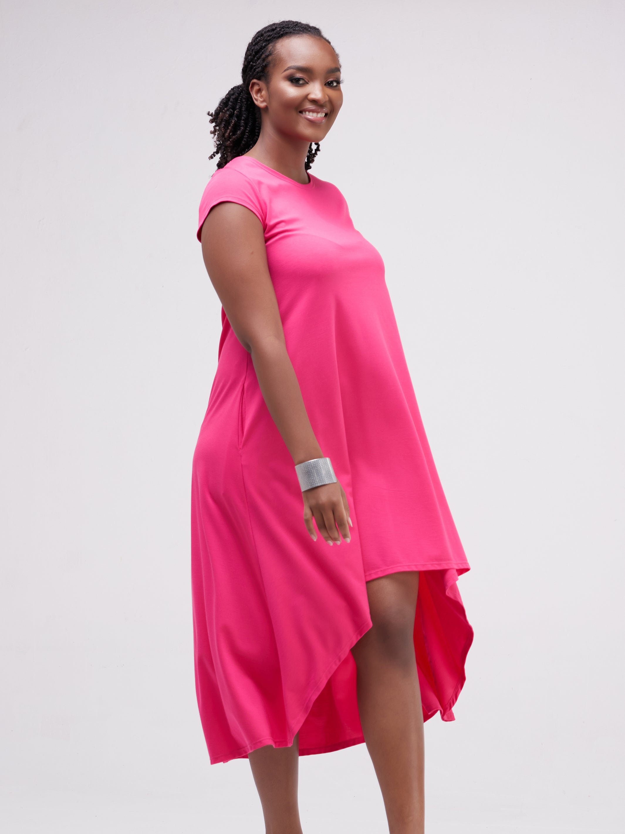 Vivo Ponte Back Pleat High Low Dress - Pink