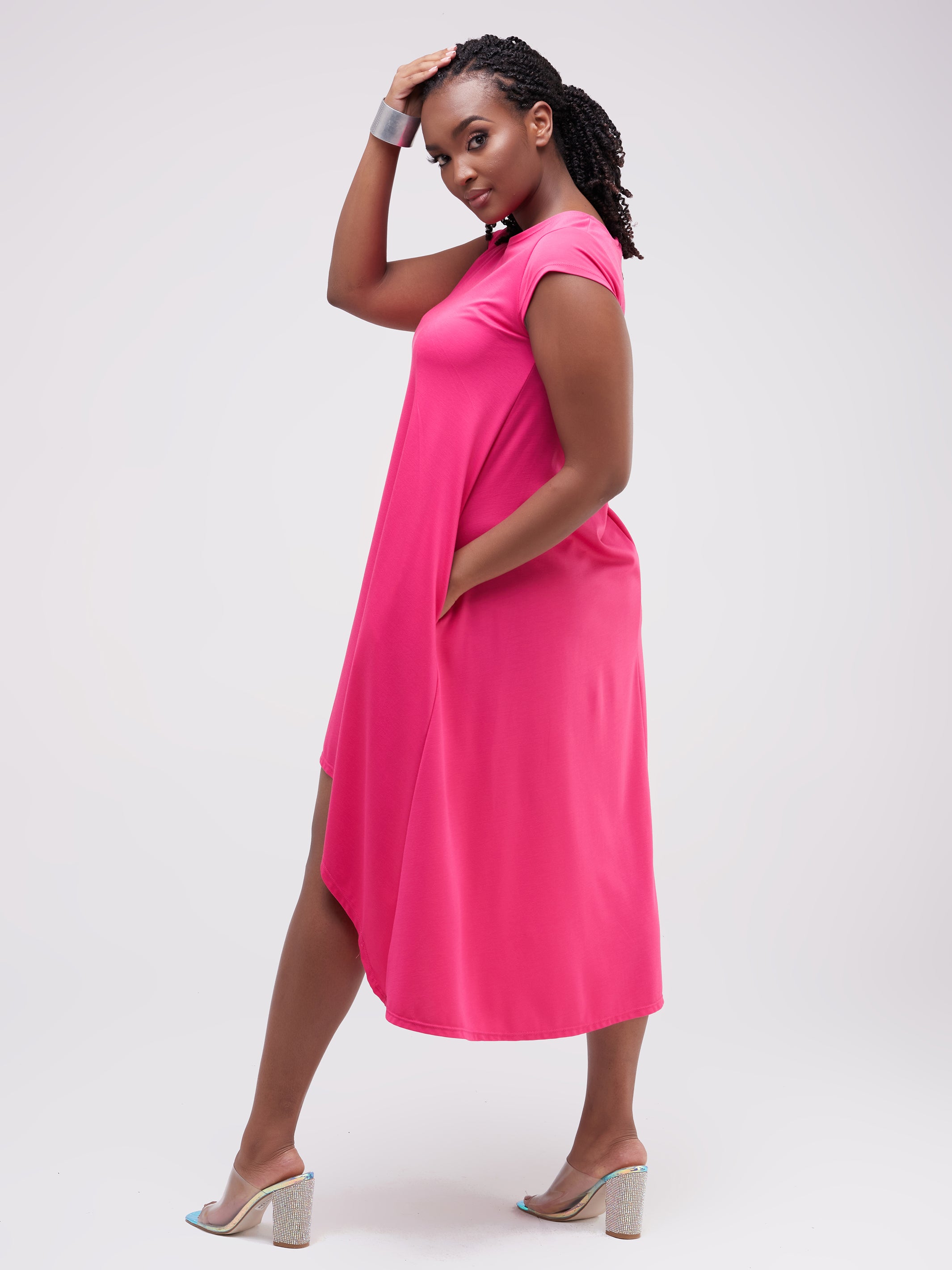Vivo Ponte Back Pleat High Low Dress - Pink