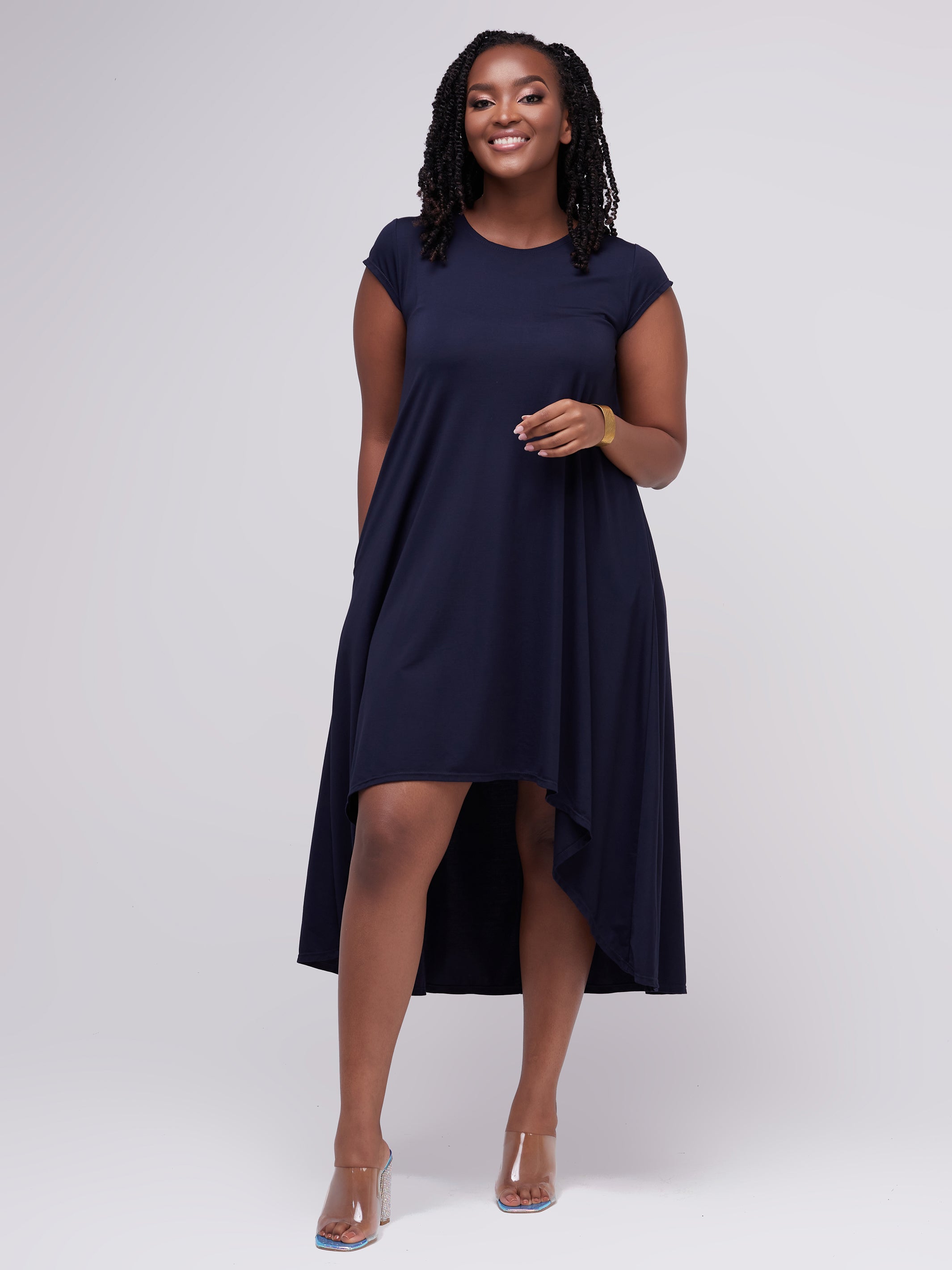 Vivo Ponte Back Pleat High Low Dress - Navy Blue
