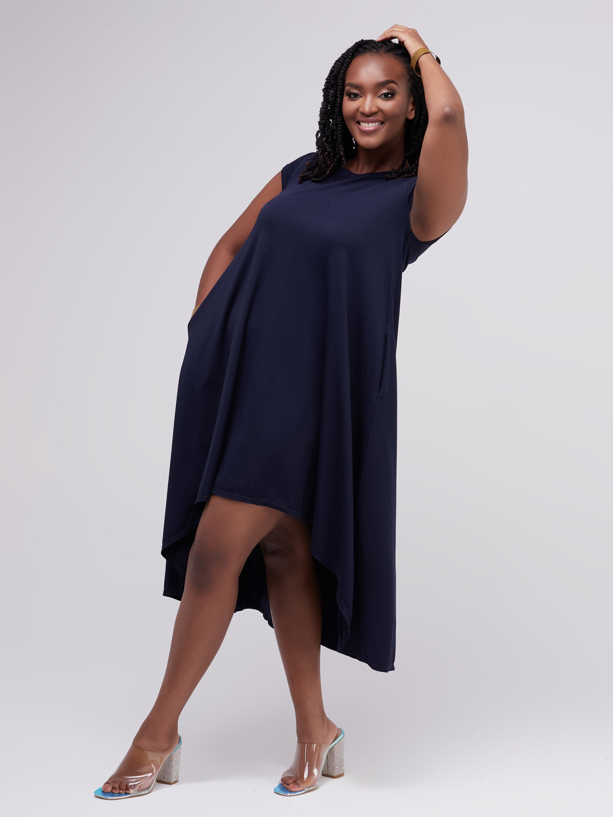 Vivo Ponte Back Pleat High Low Dress - Navy Blue