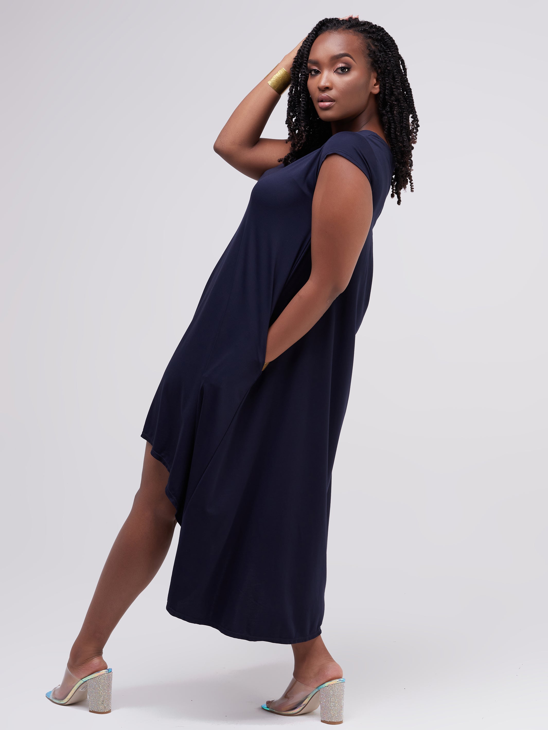 Vivo Ponte Back Pleat High Low Dress - Navy Blue