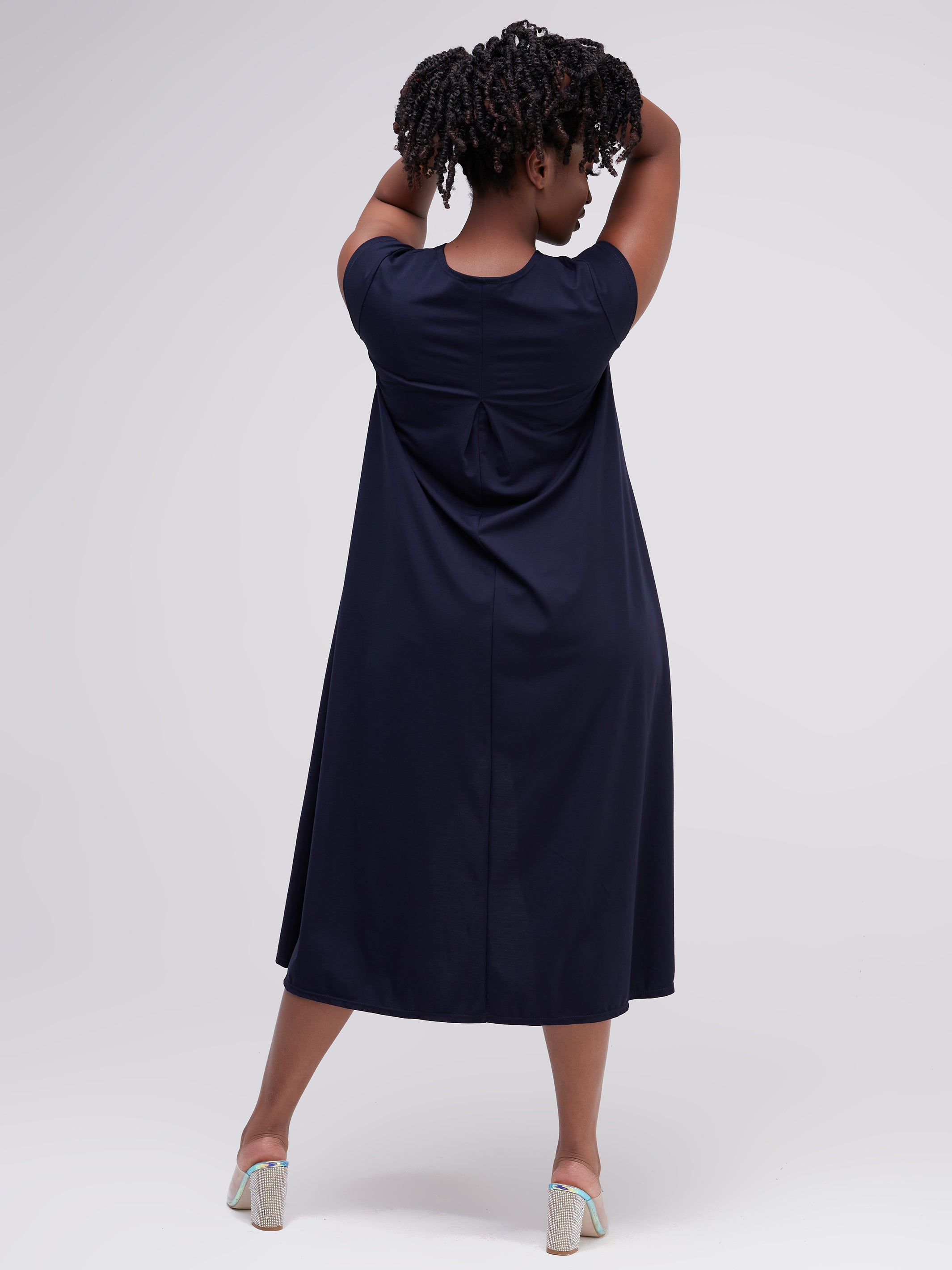 Vivo Ponte Back Pleat High Low Dress - Navy Blue