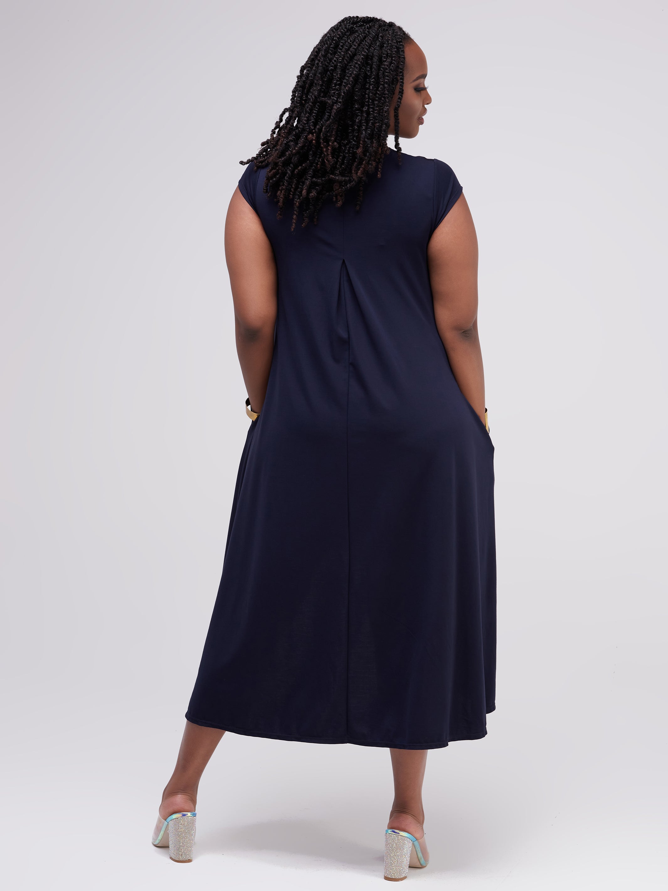 Vivo Ponte Back Pleat High Low Dress - Navy Blue