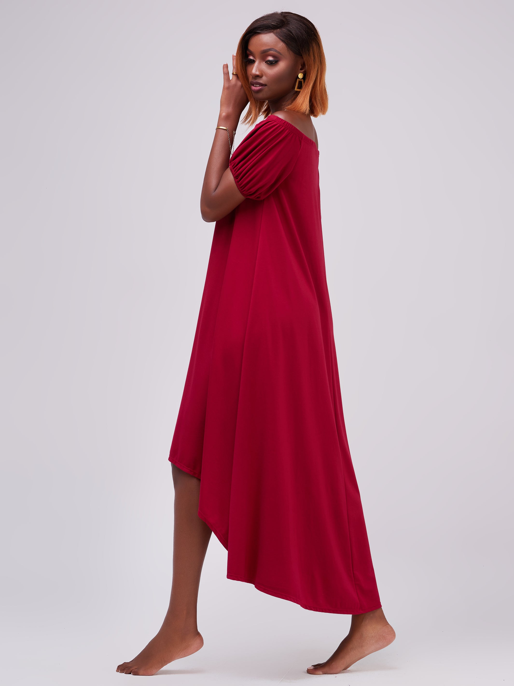 Vivo Zari Puff Sleeve High Low Dress - Maroon