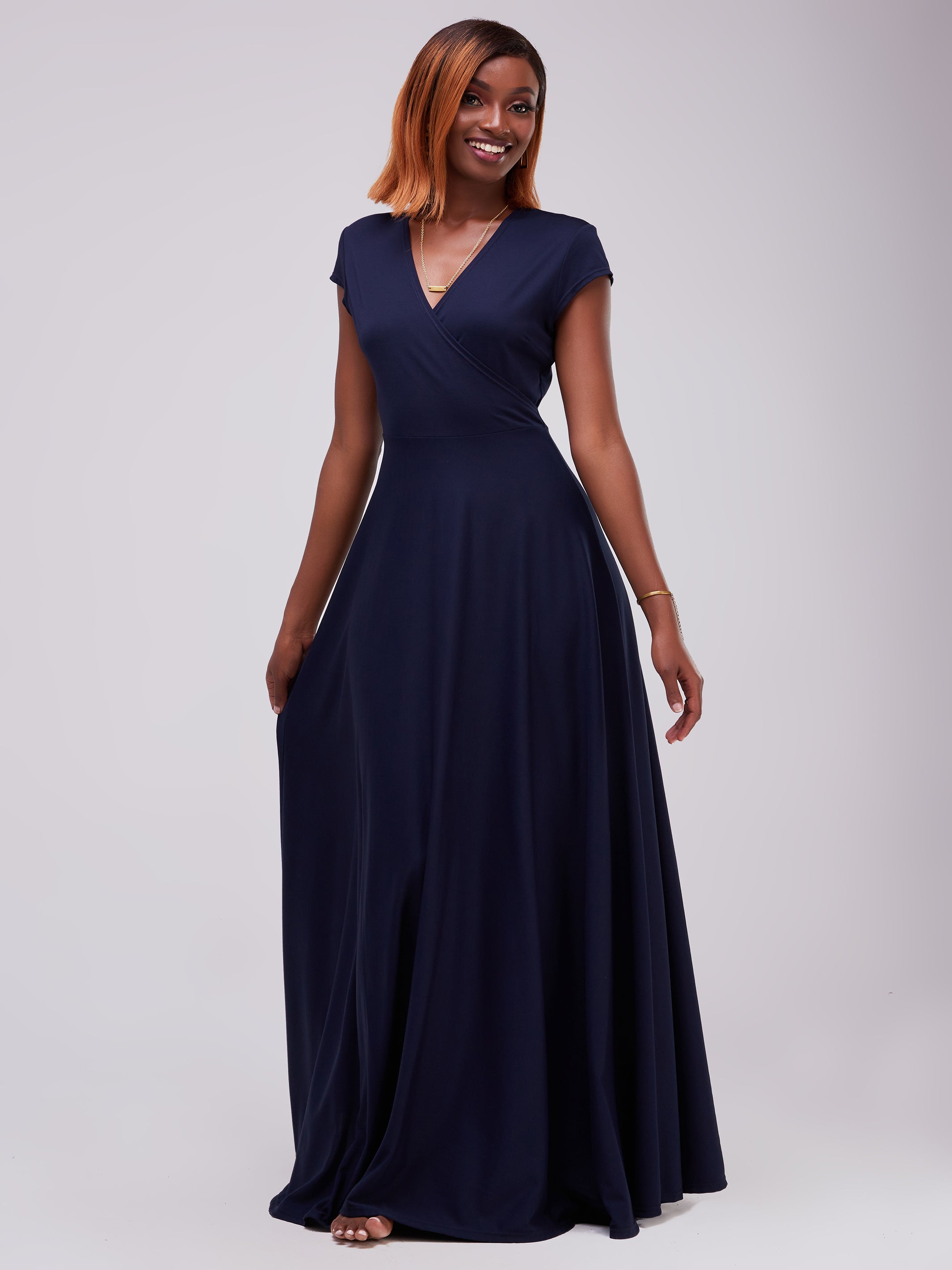 Vivo Zari Cap Sleeved Faux Wrap Maxi Dress - Navy Blue