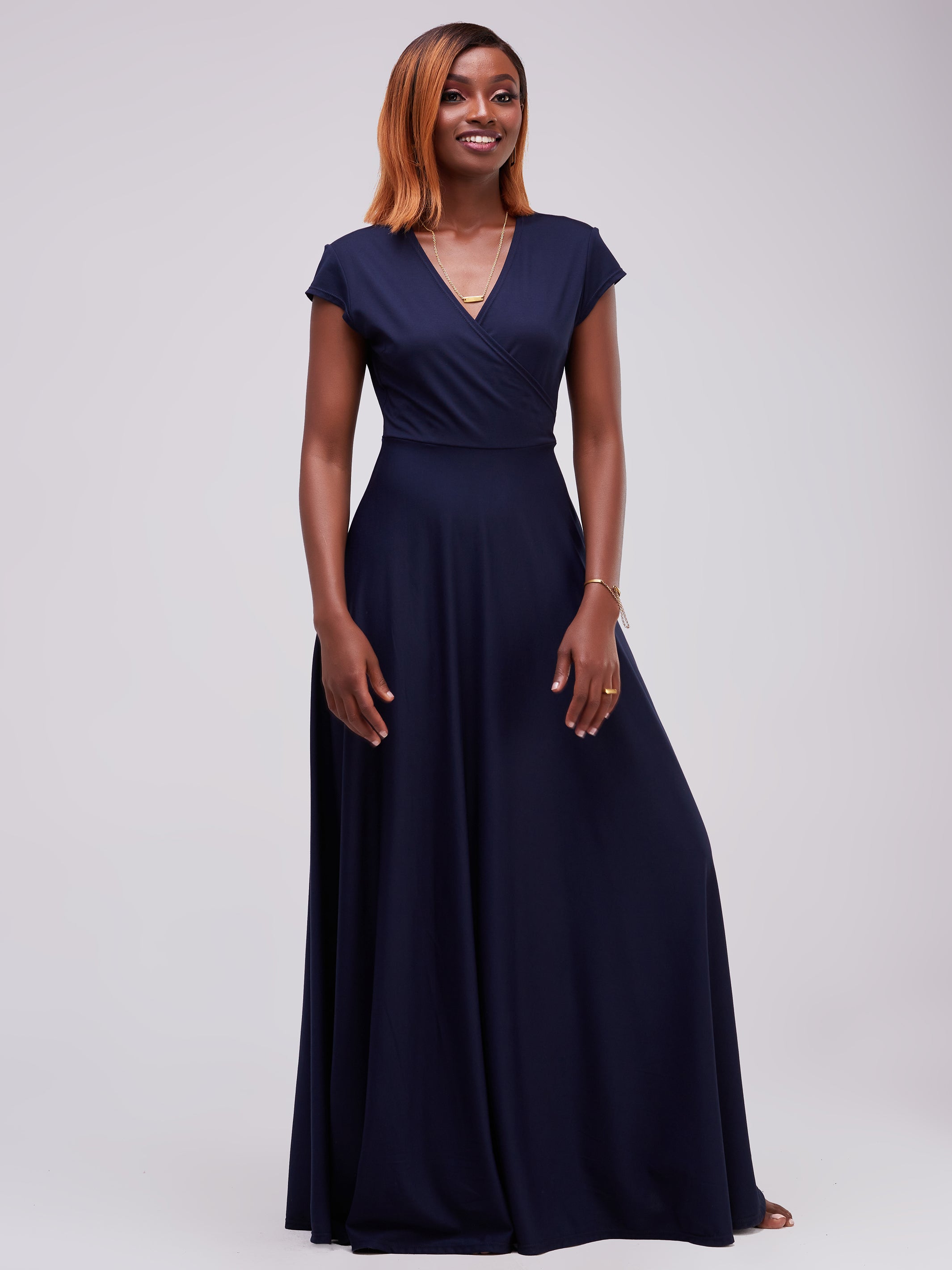 Vivo Zari Cap Sleeved Faux Wrap Maxi Dress - Navy Blue