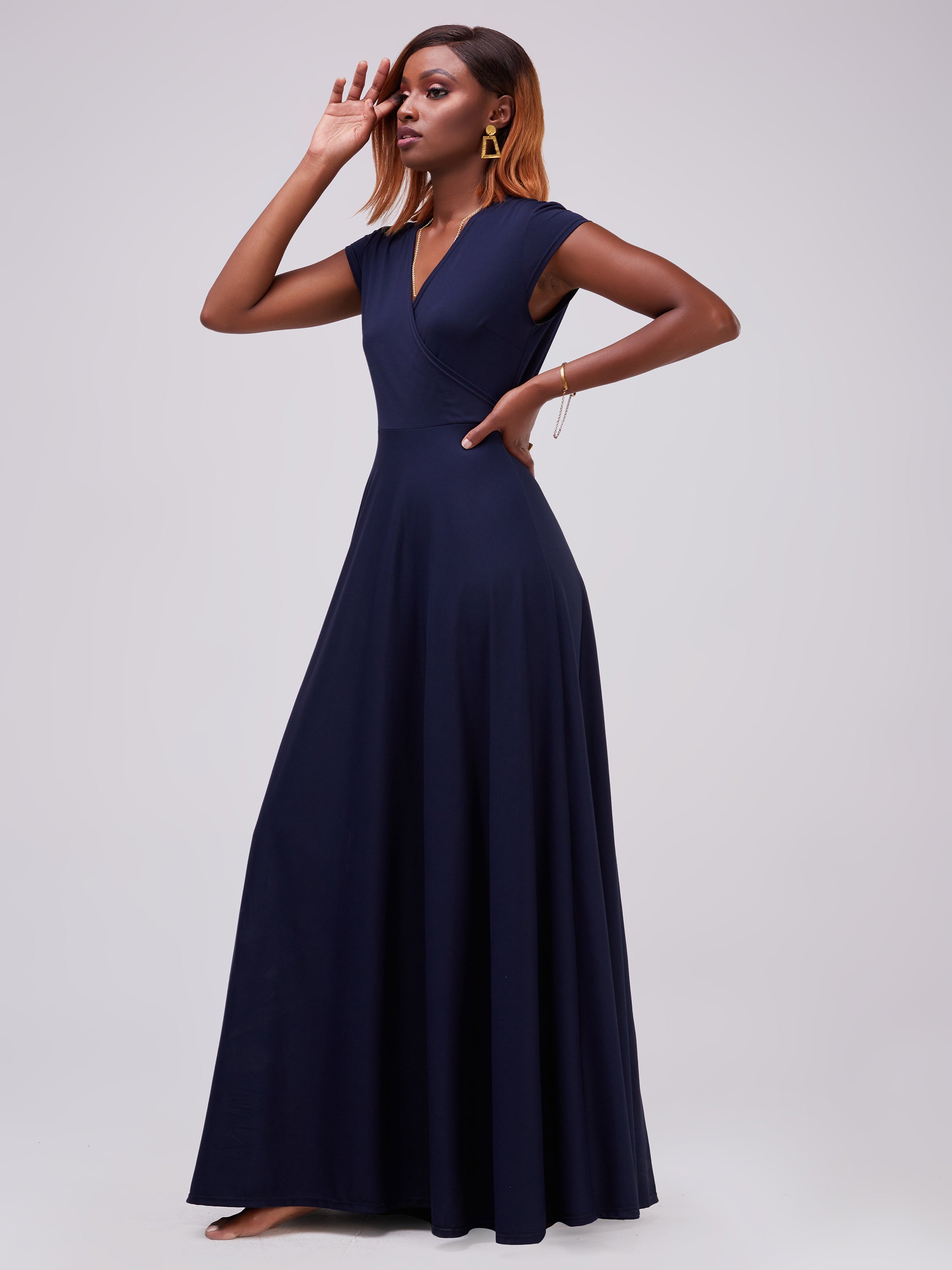 Vivo Zari Cap Sleeved Faux Wrap Maxi Dress - Navy Blue