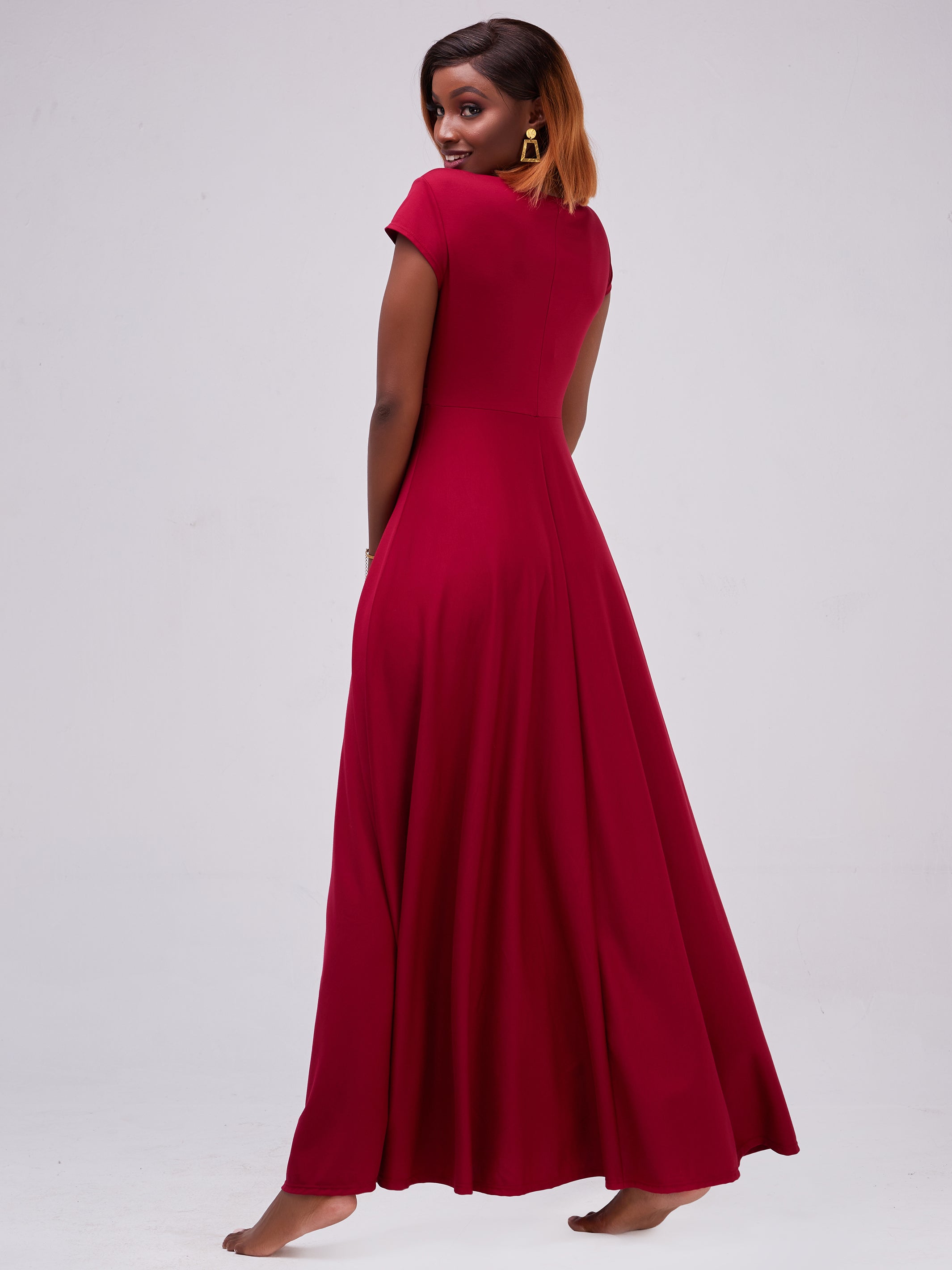 Vivo Zari Cap Sleeved Faux Wrap Maxi Dress - Maroon