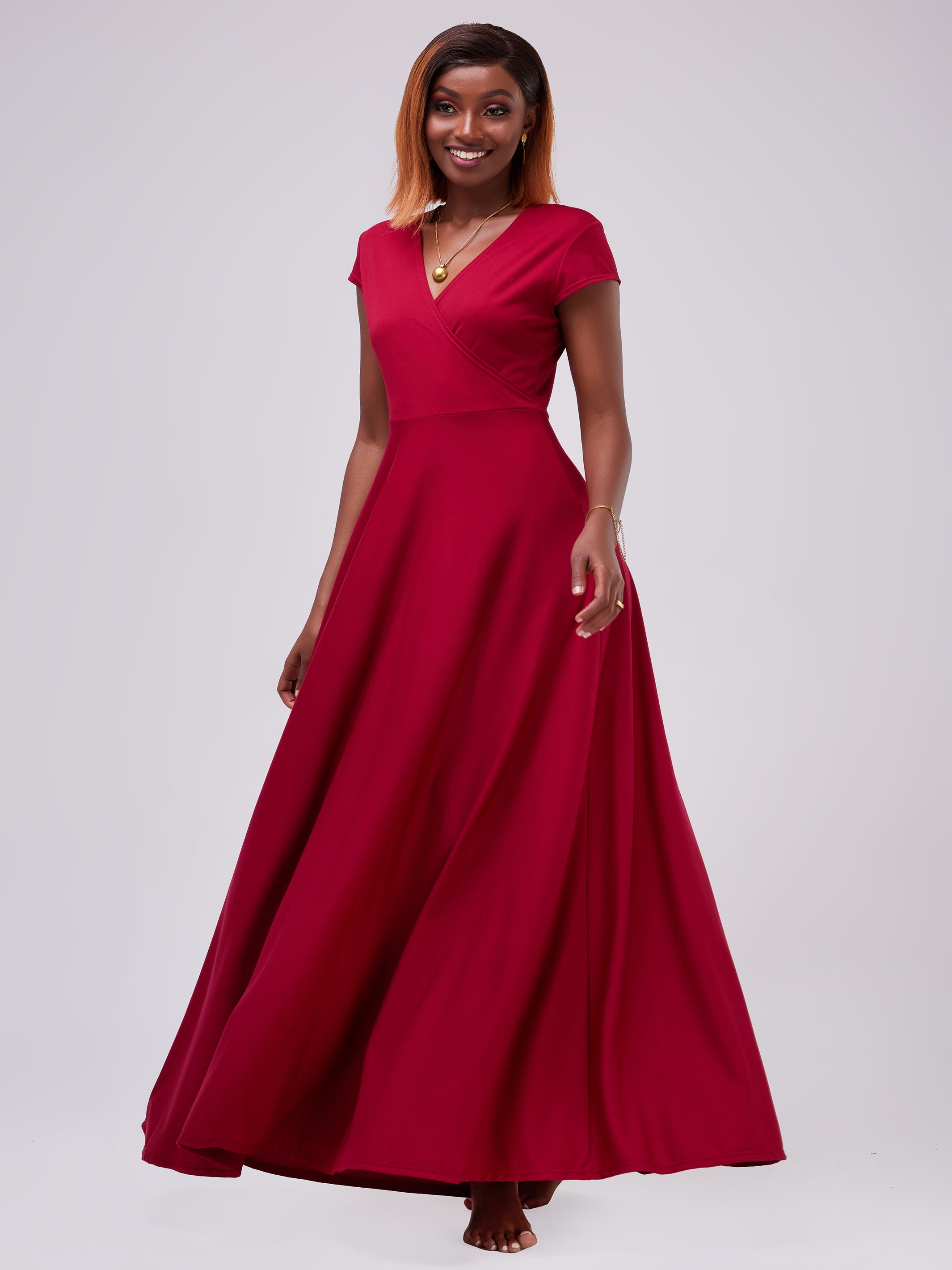 Vivo Zari Cap Sleeved Faux Wrap Maxi Dress - Maroon