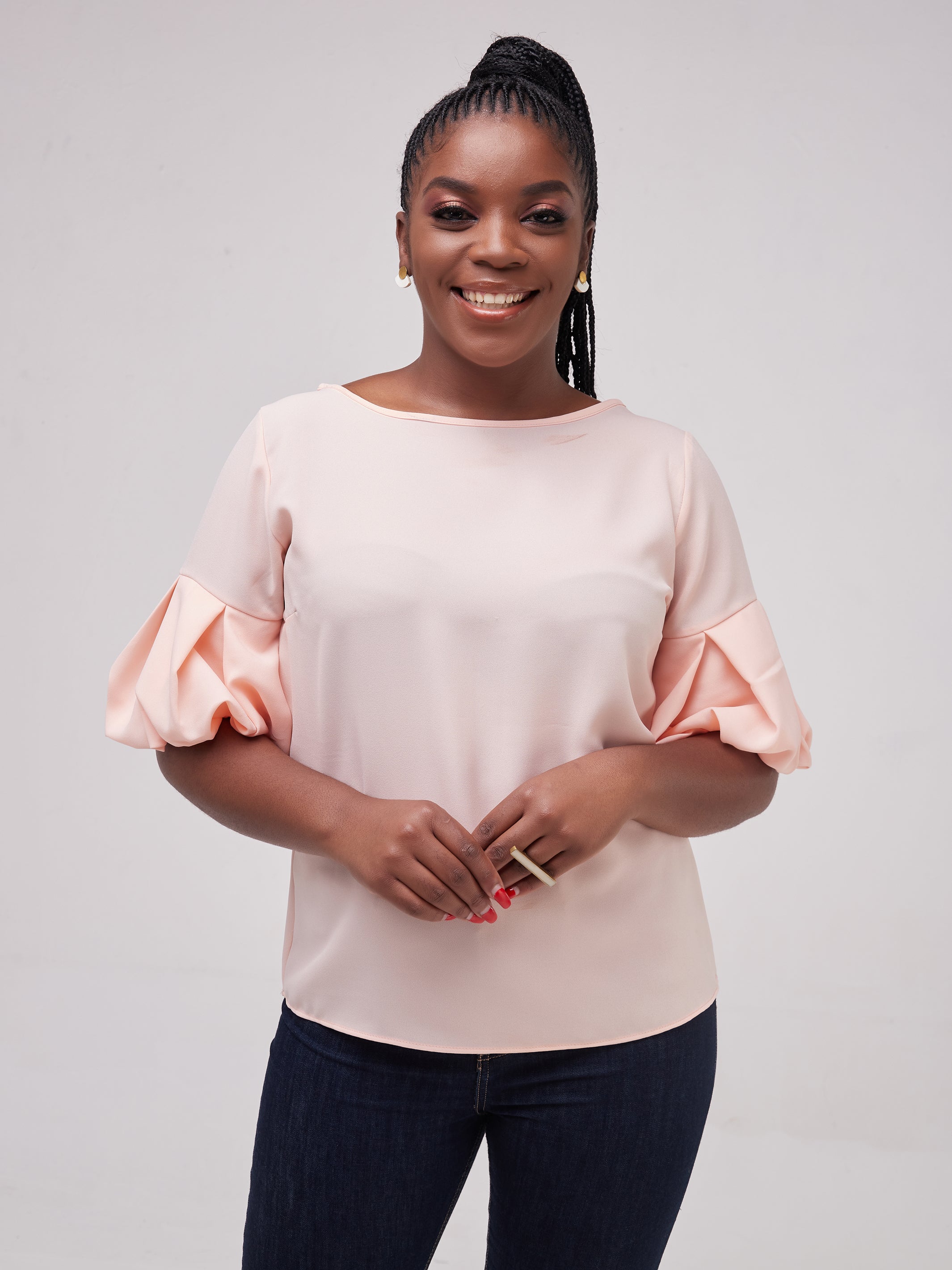 Vivo Basic Boundneck Puff Sleeve Top - Peach