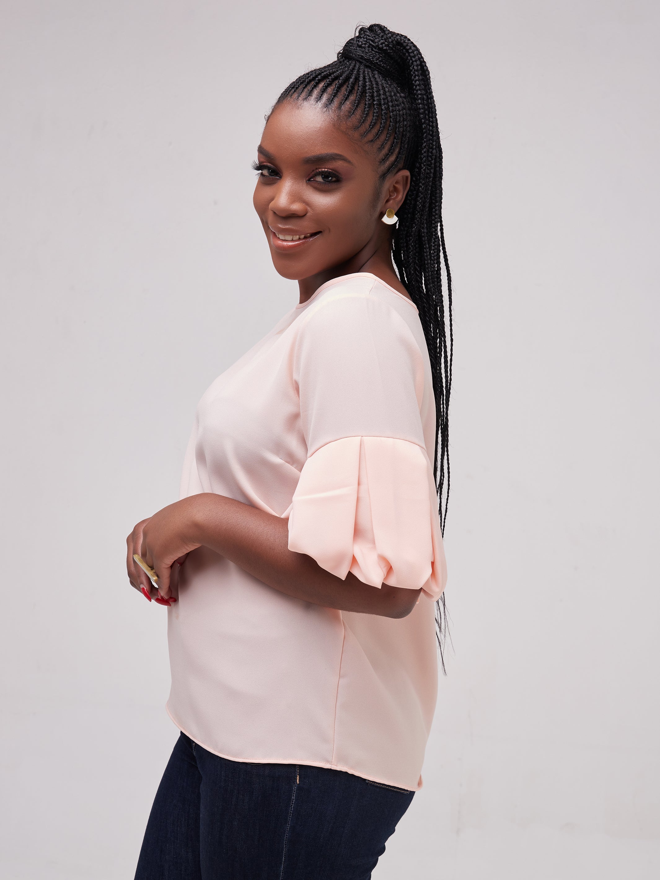Vivo Basic Boundneck Puff Sleeve Top - Peach