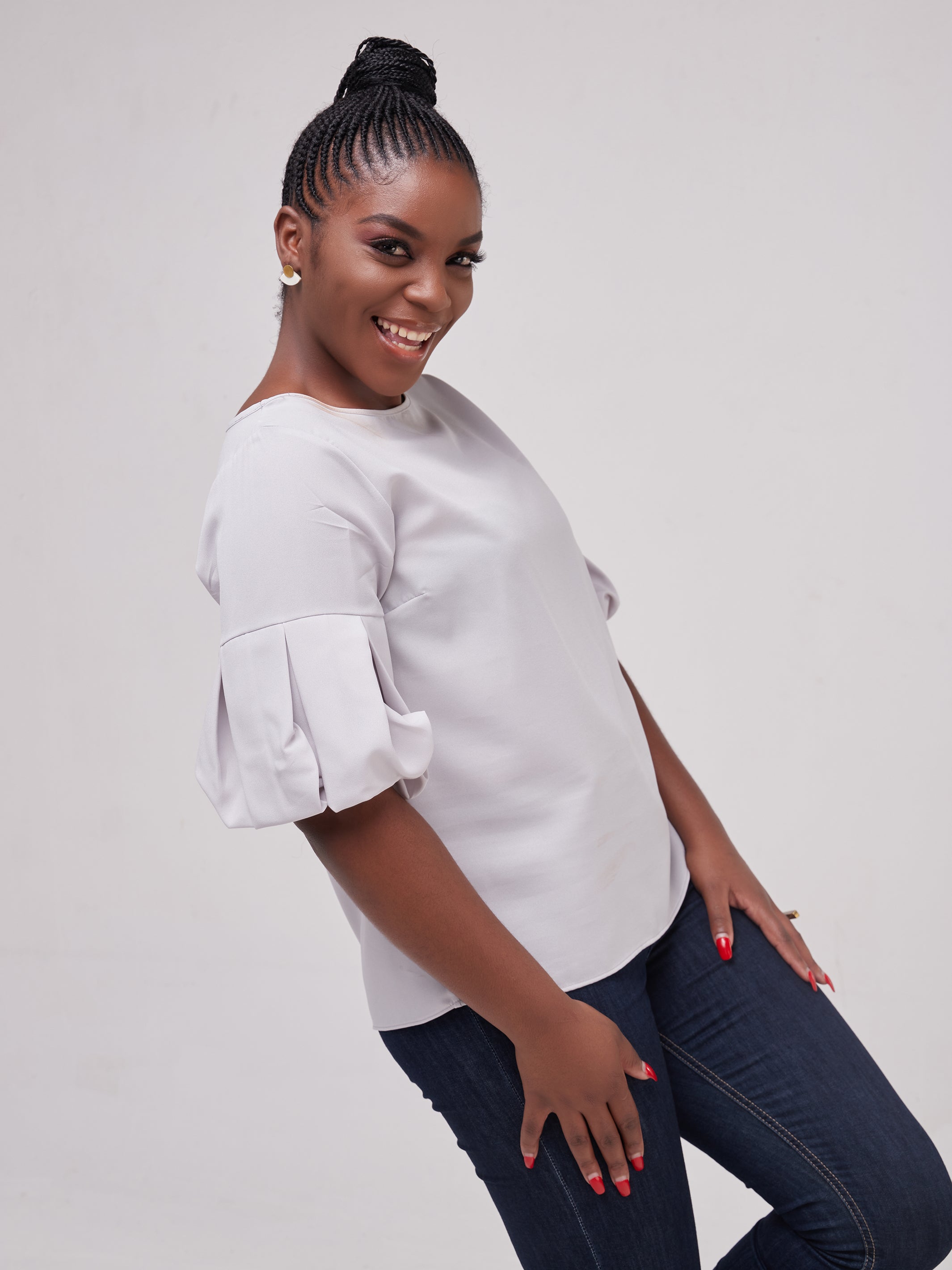 Vivo Basic Boundneck Puff Sleeve Top - Light Grey