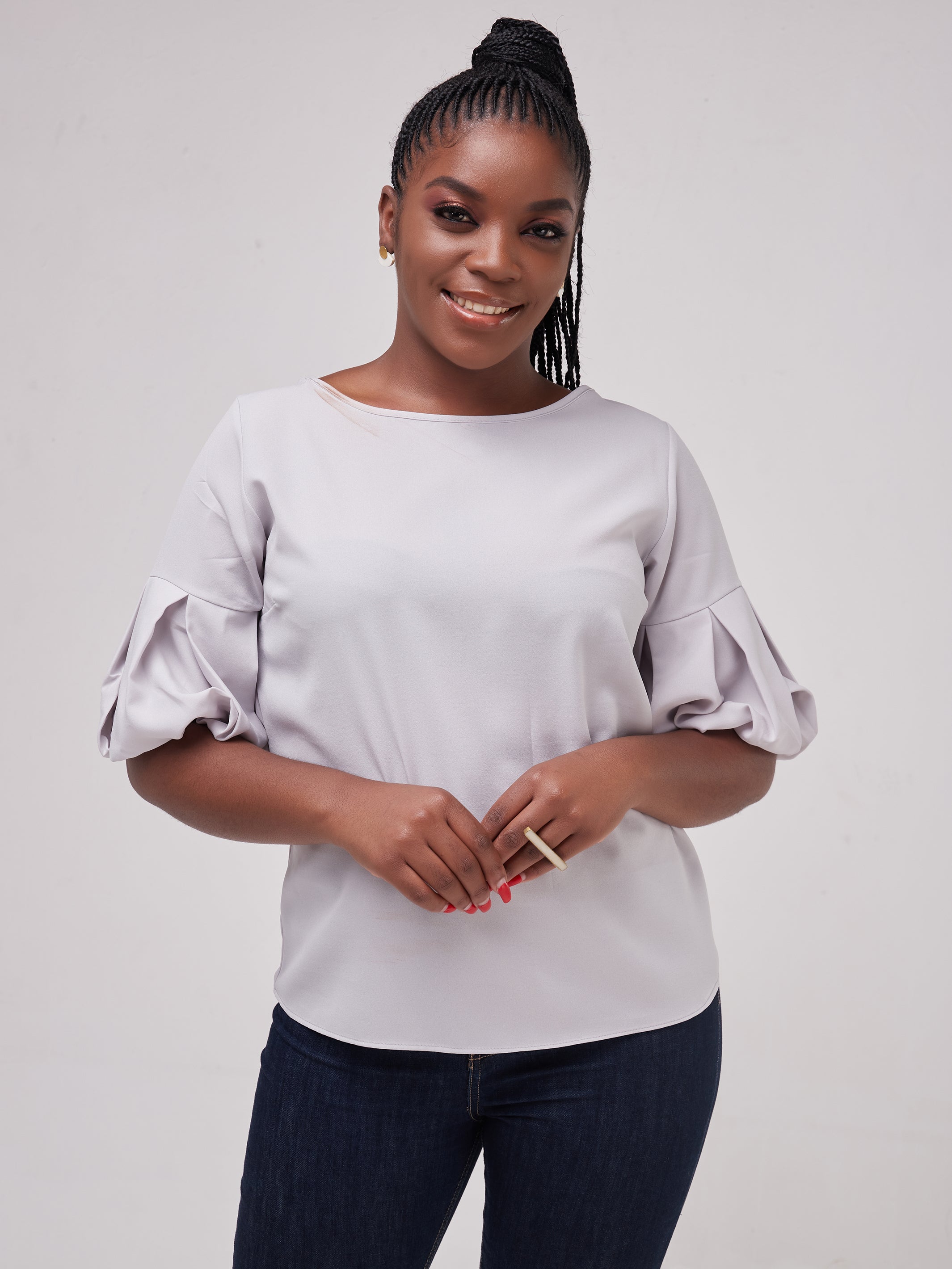 Vivo Basic Boundneck Puff Sleeve Top - Light Grey