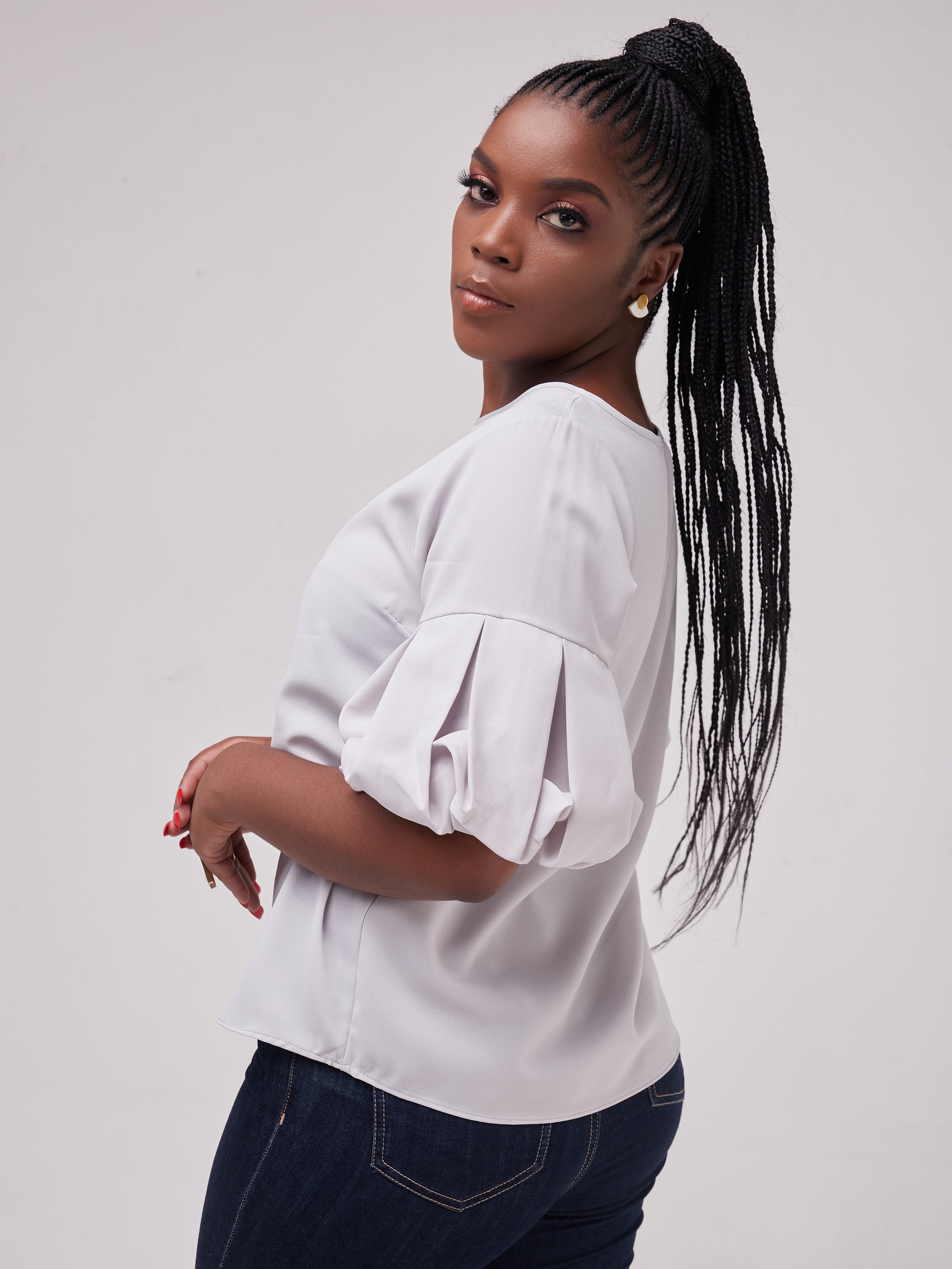Vivo Basic Boundneck Puff Sleeve Top - Light Grey