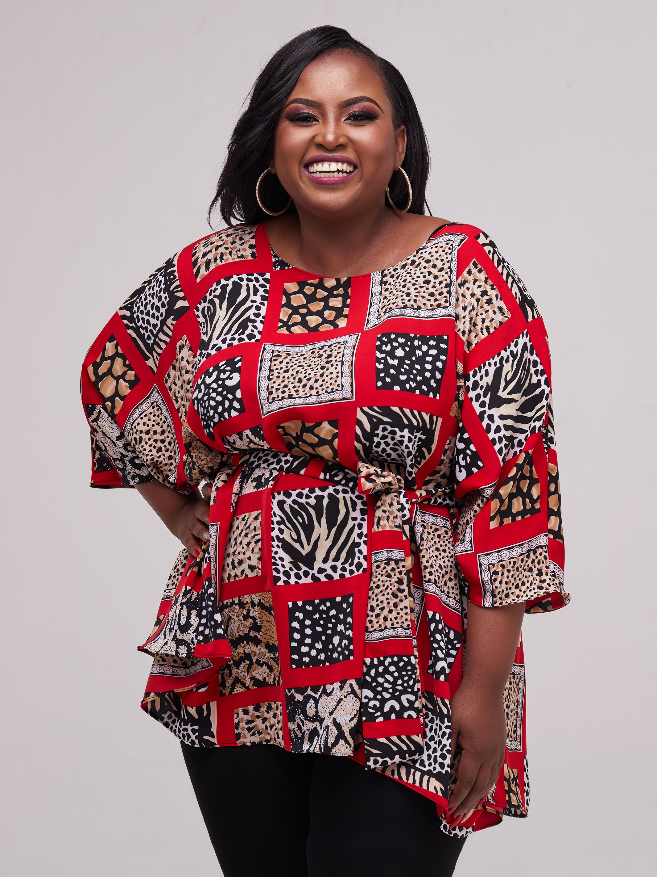 Safari Maisha Wide Loose Top - Taupe / Red Print