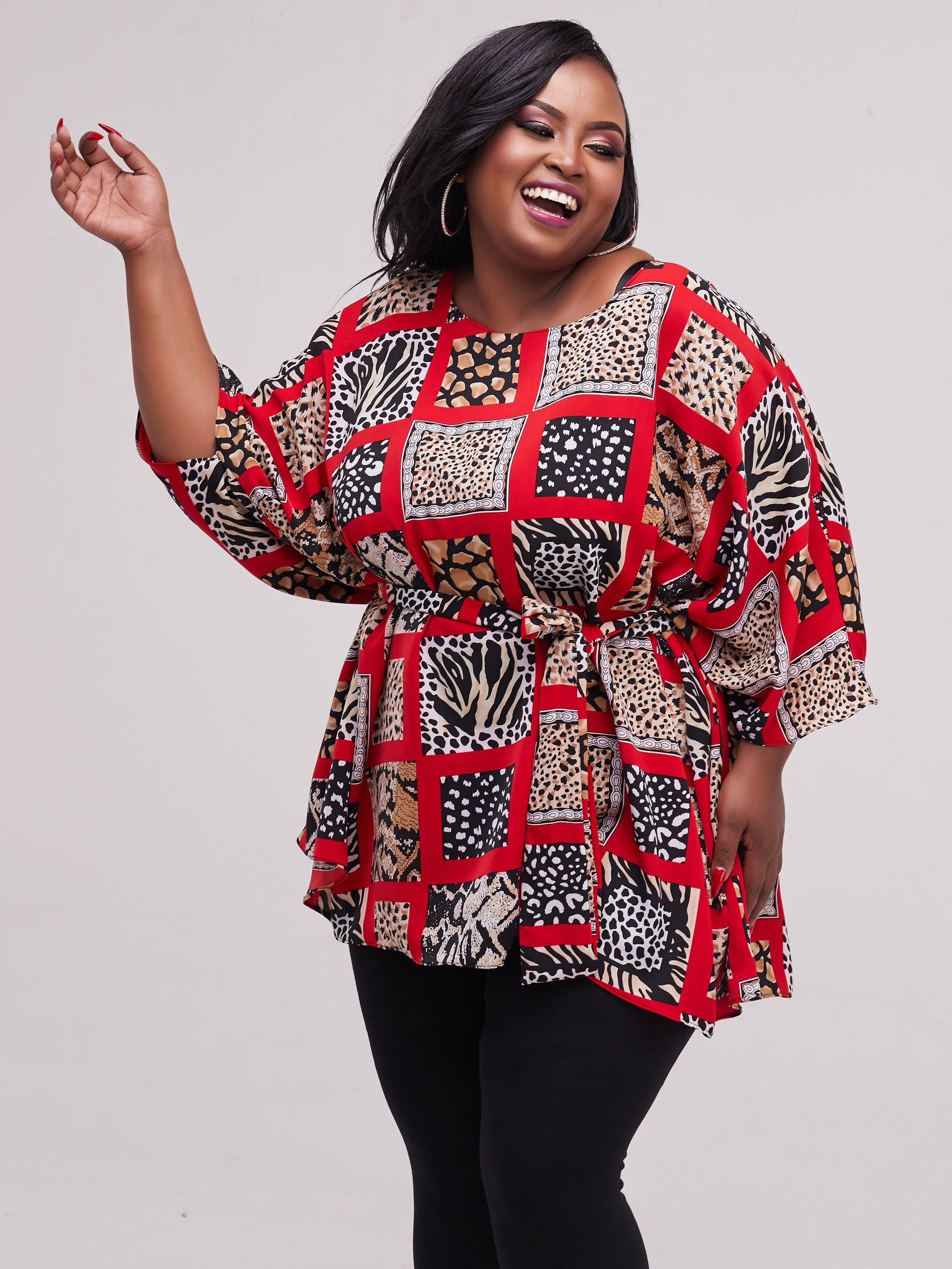 Safari Maisha Wide Loose Top - Taupe / Red Print