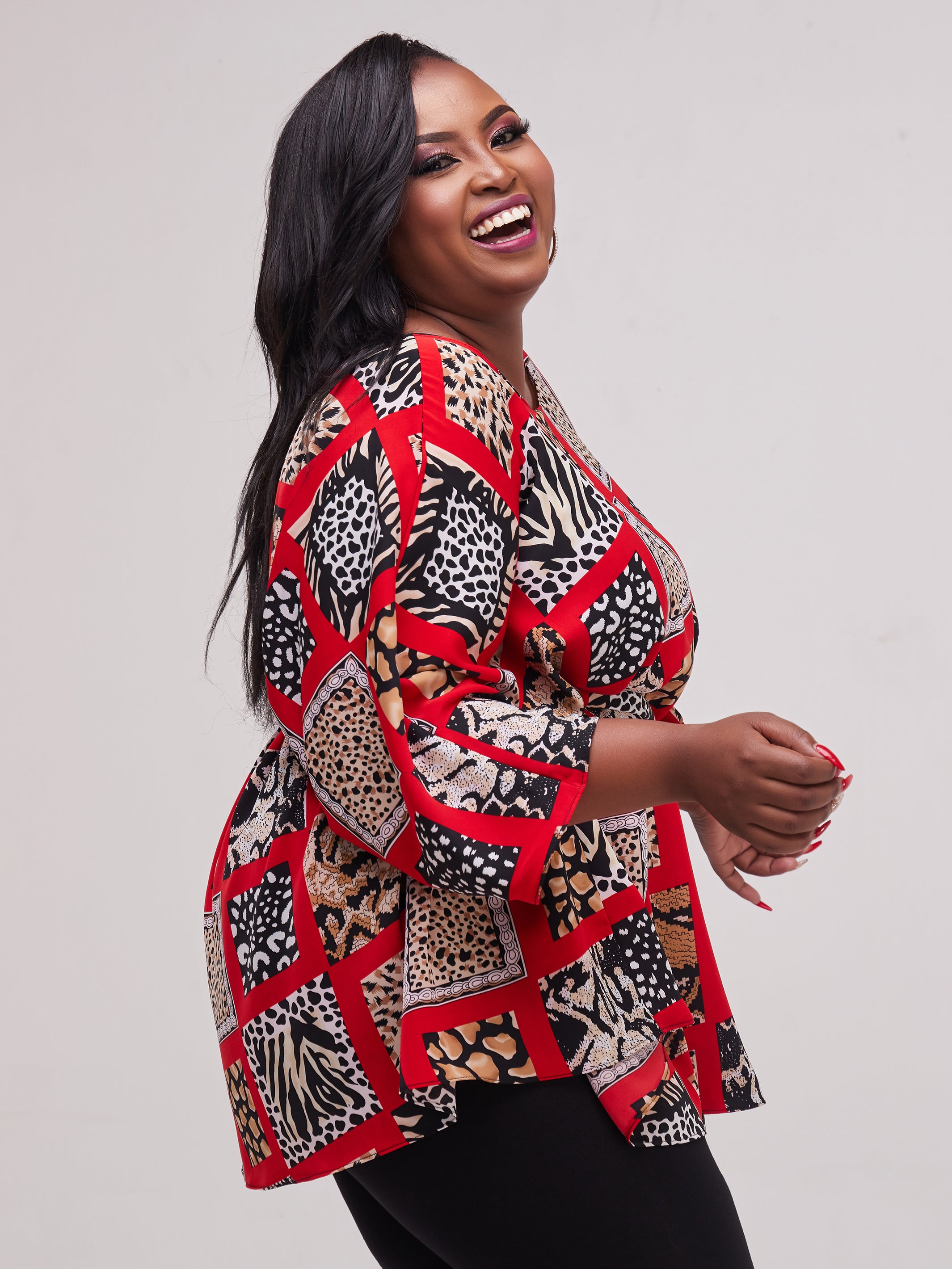 Safari Maisha Wide Loose Top - Taupe / Red Print