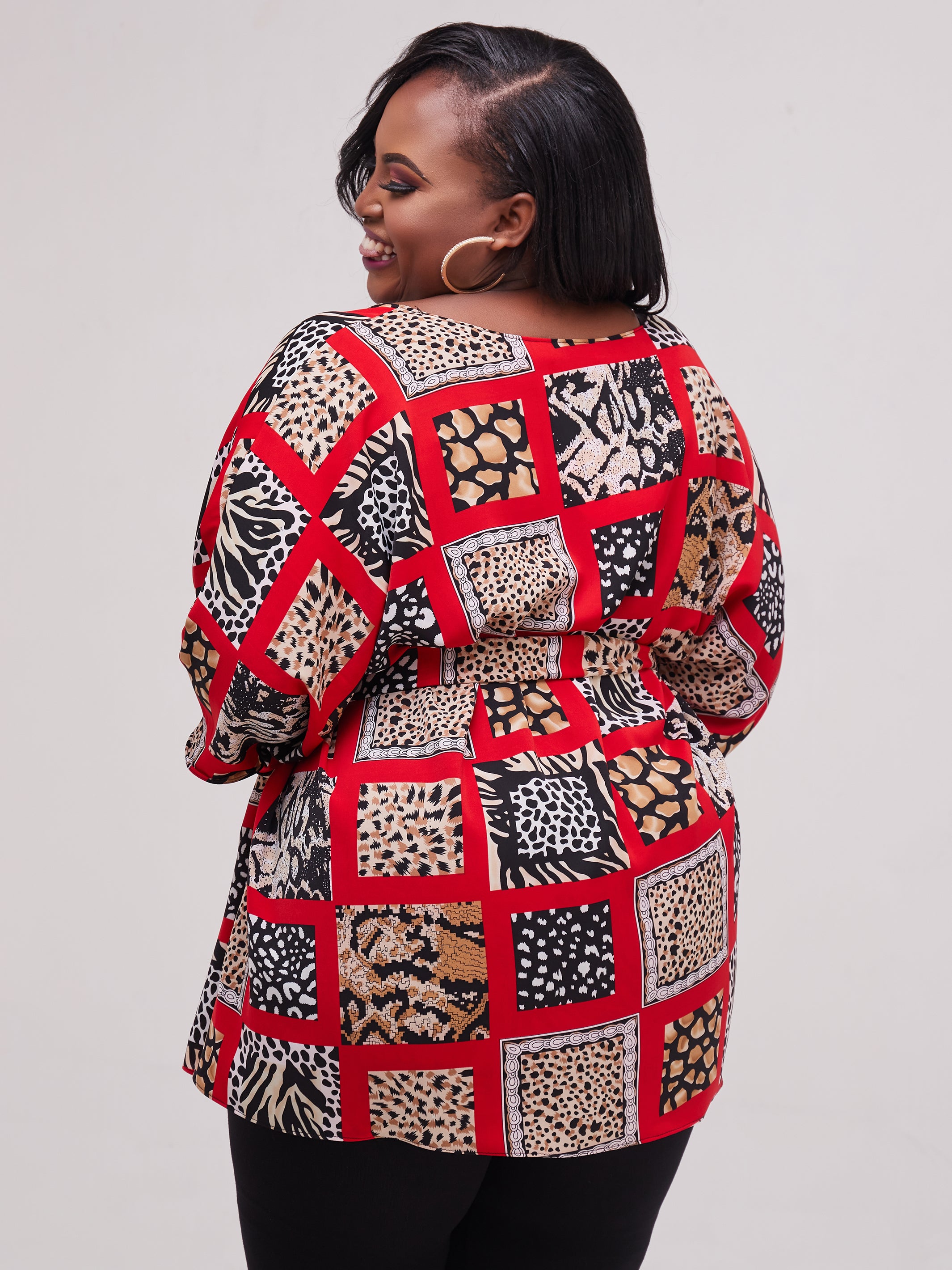 Safari Maisha Wide Loose Top - Taupe / Red Print