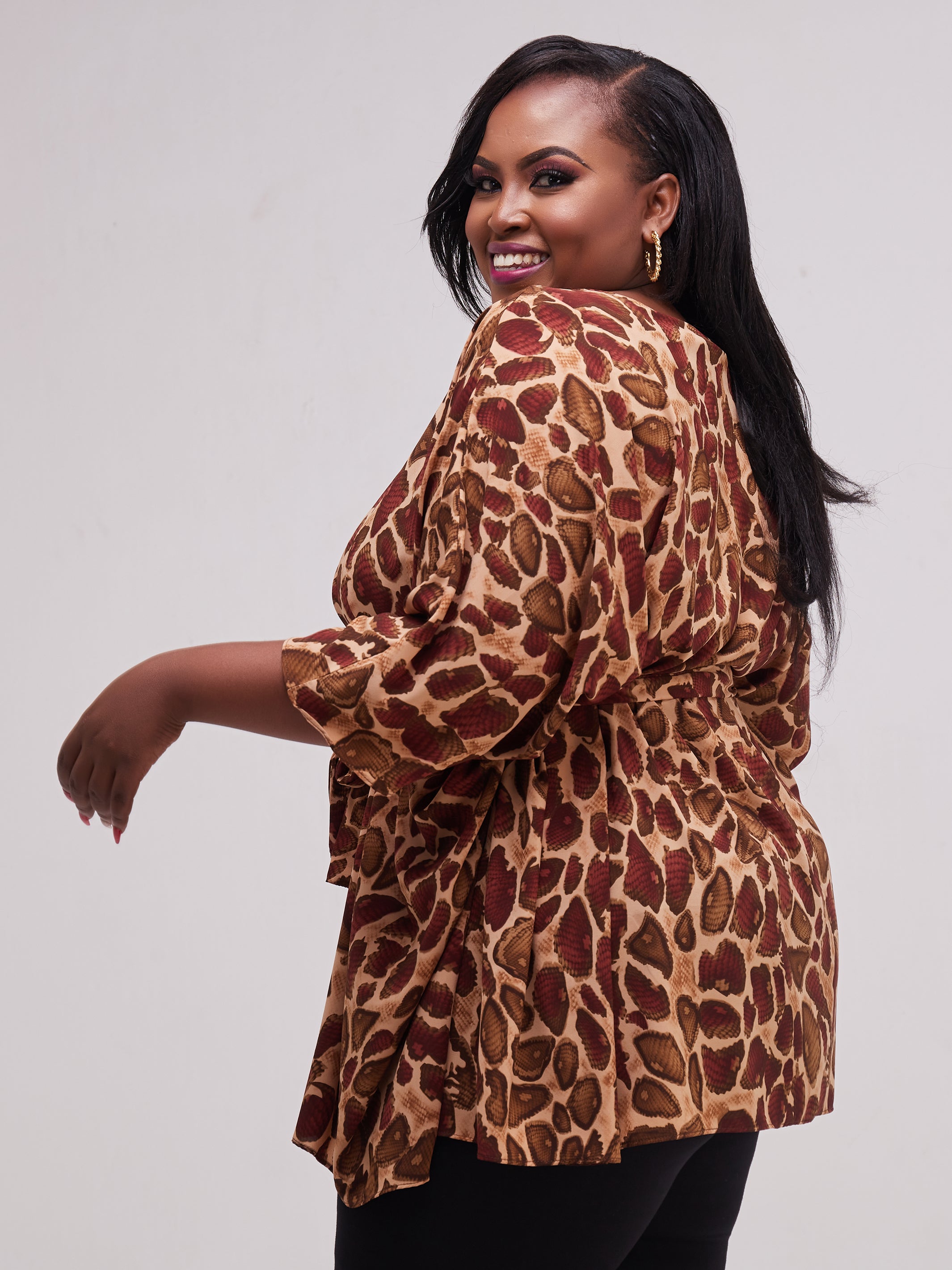 Safari Maisha Wide Loose Top - Brown Snake Print