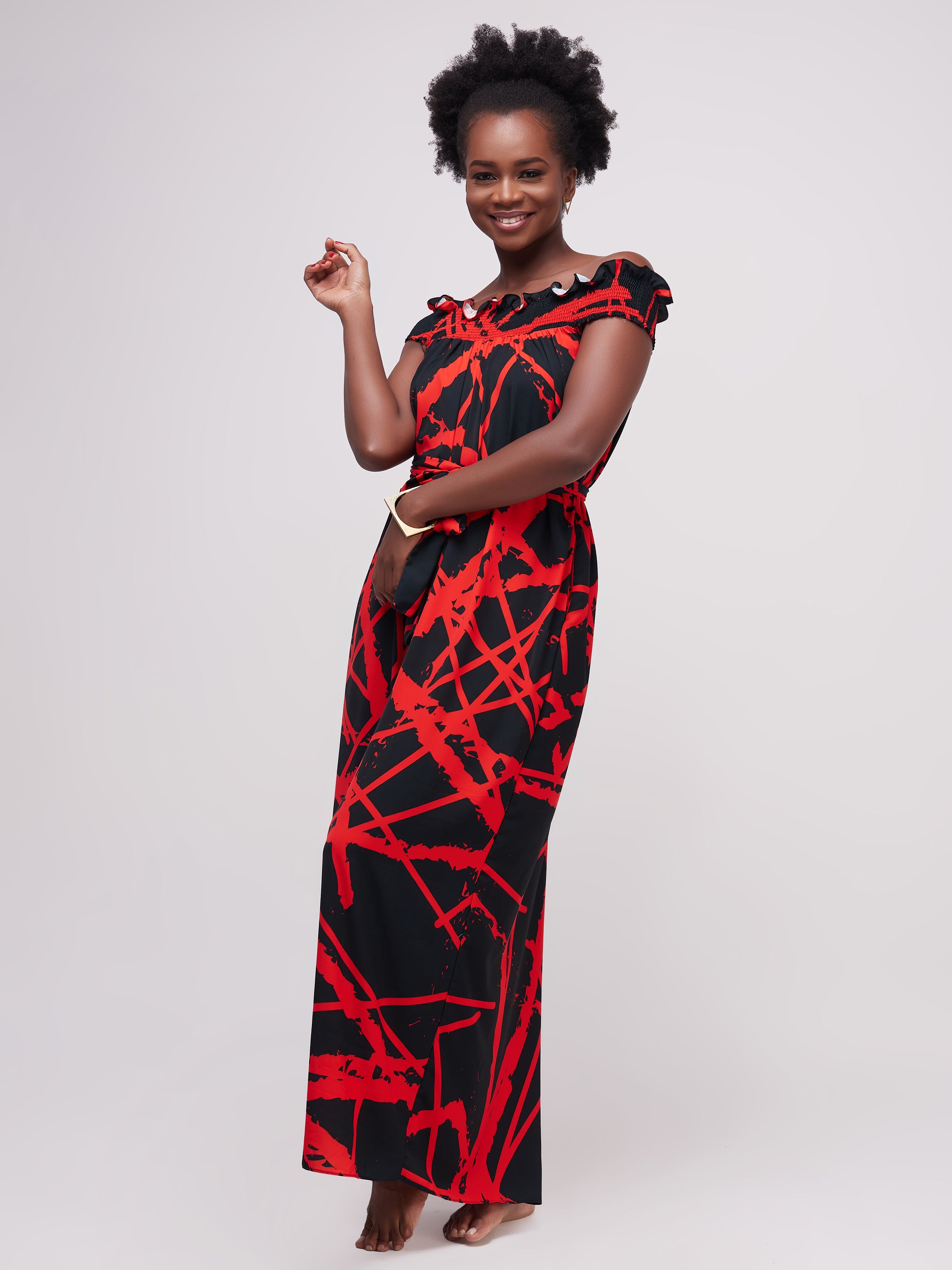 Vivo Alek Shirred Off- Shoulder Jumpsuit - Red / Black Print
