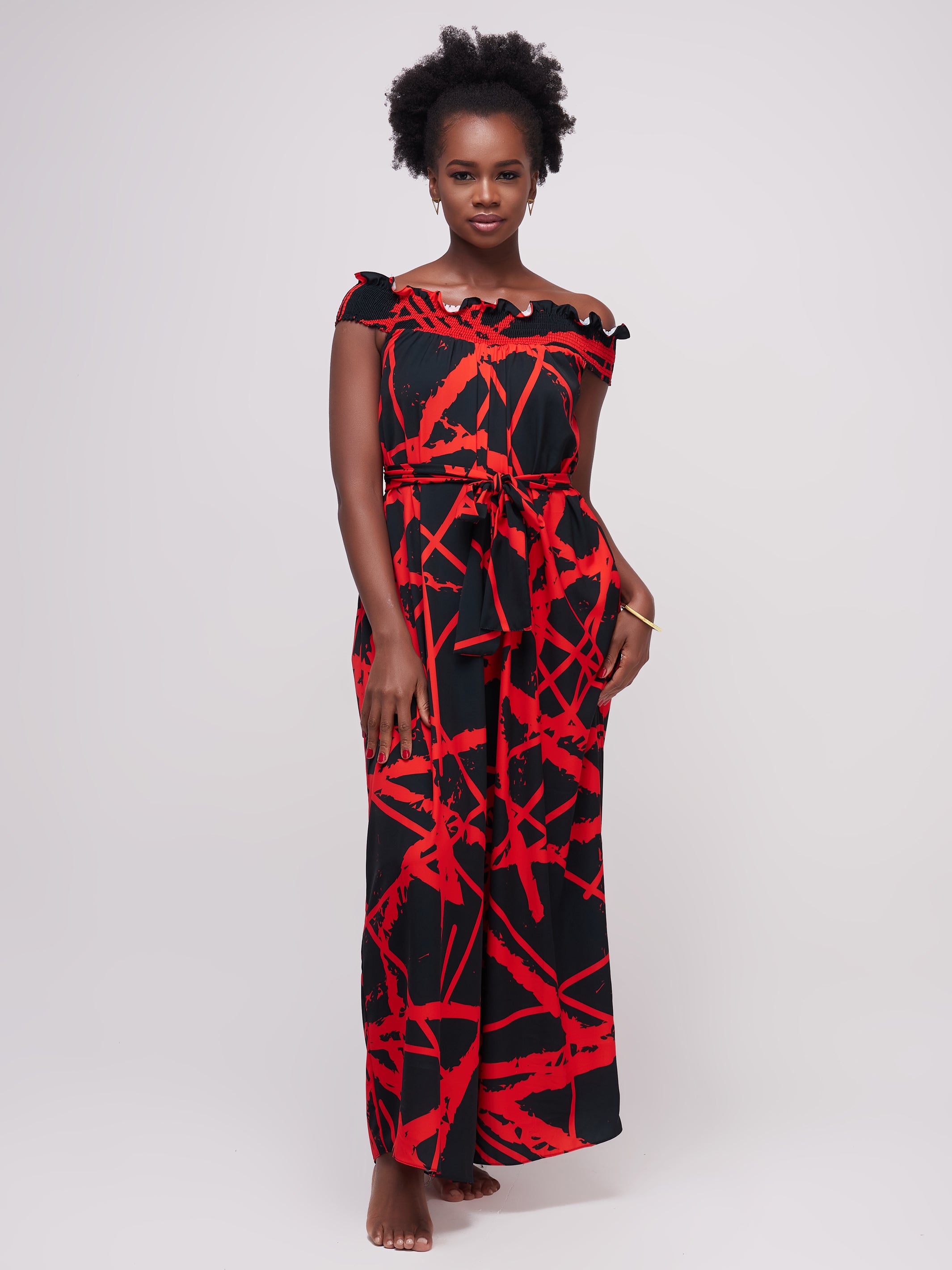 Vivo Alek Shirred Off- Shoulder Jumpsuit - Red / Black Print