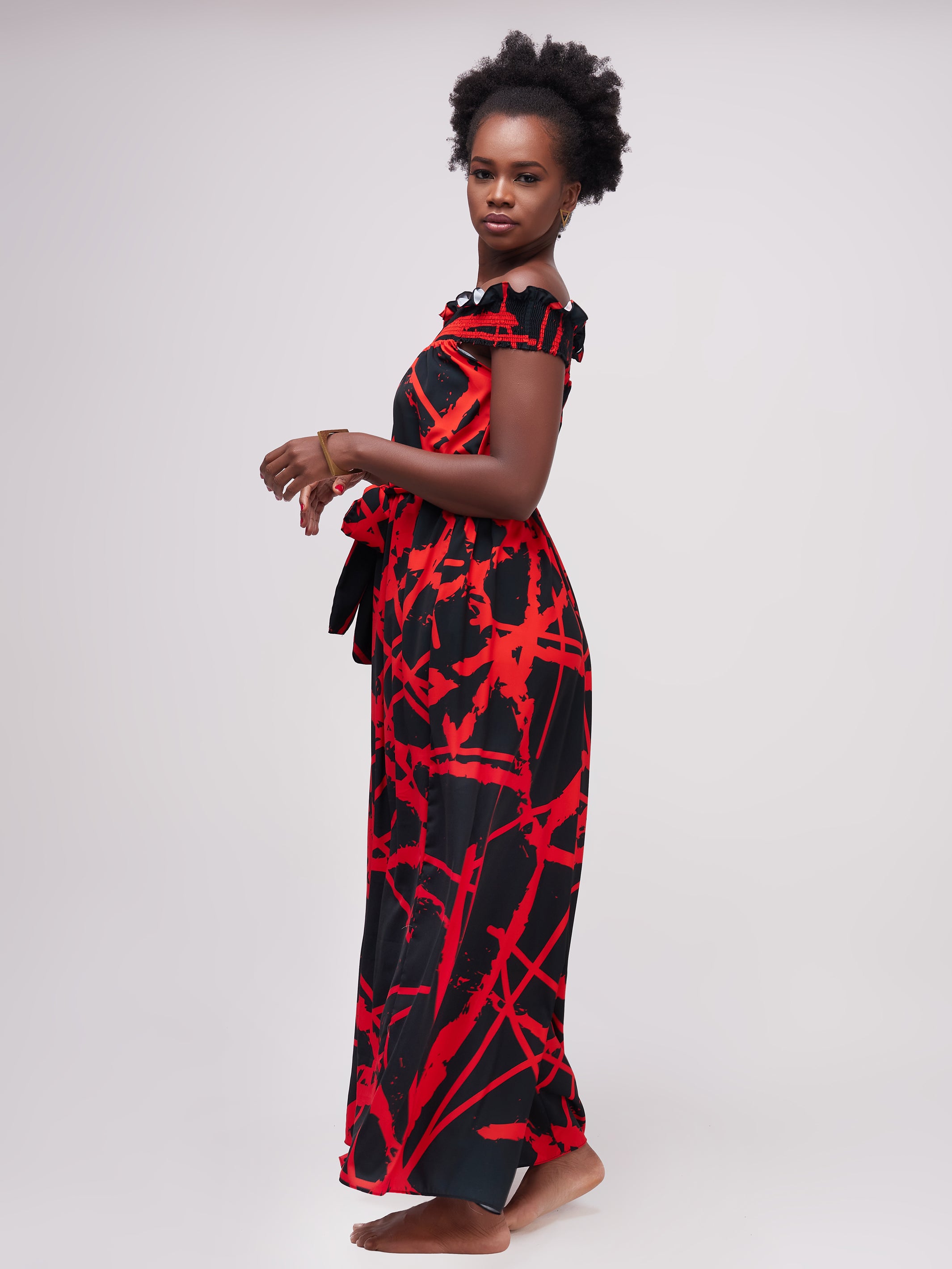 Vivo Alek Shirred Off- Shoulder Jumpsuit - Red / Black Print