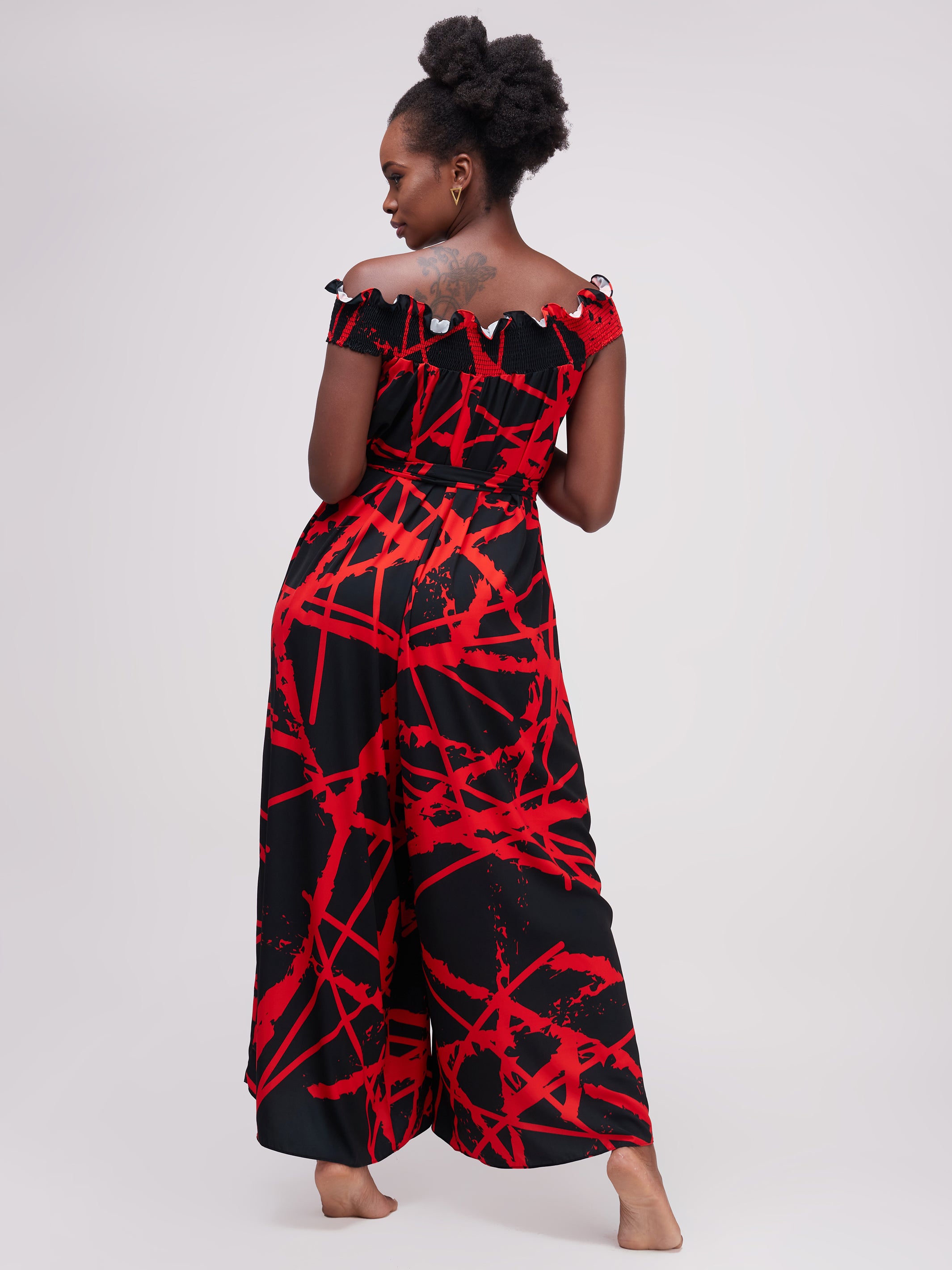 Vivo Alek Shirred Off- Shoulder Jumpsuit - Red / Black Print