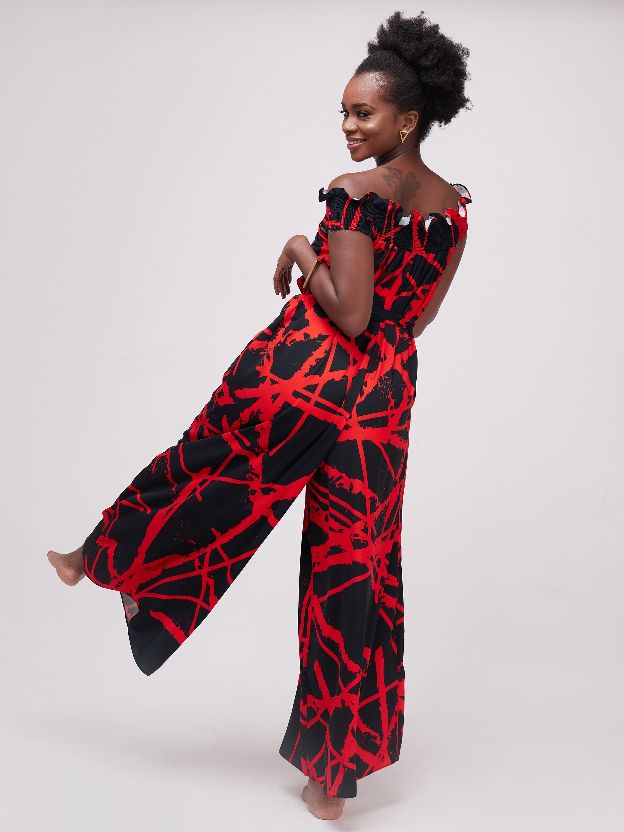 Vivo Alek Shirred Off- Shoulder Jumpsuit - Red / Black Print