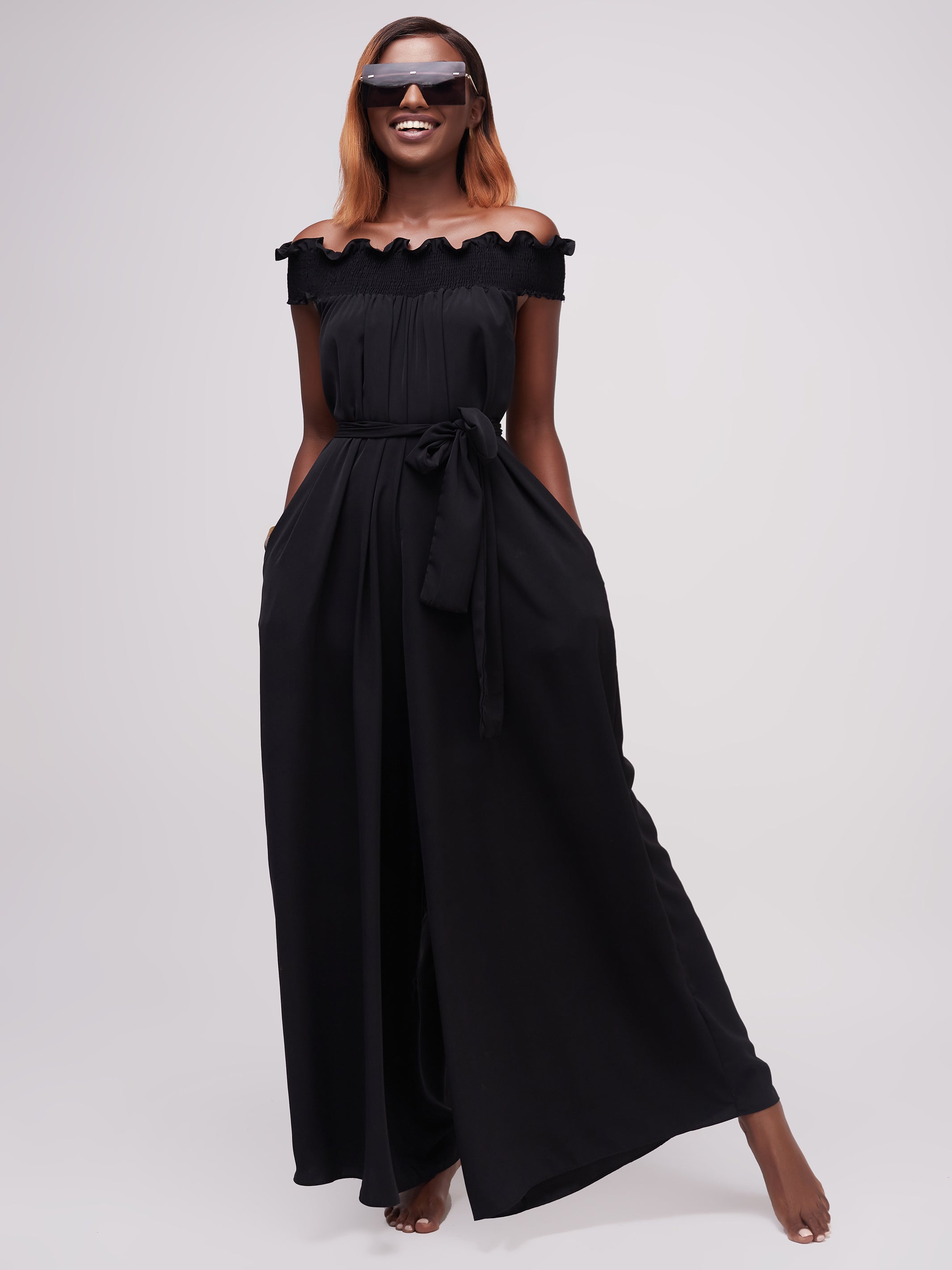 Vivo Alek Shirred Off- Shoulder Jumpsuit - Black