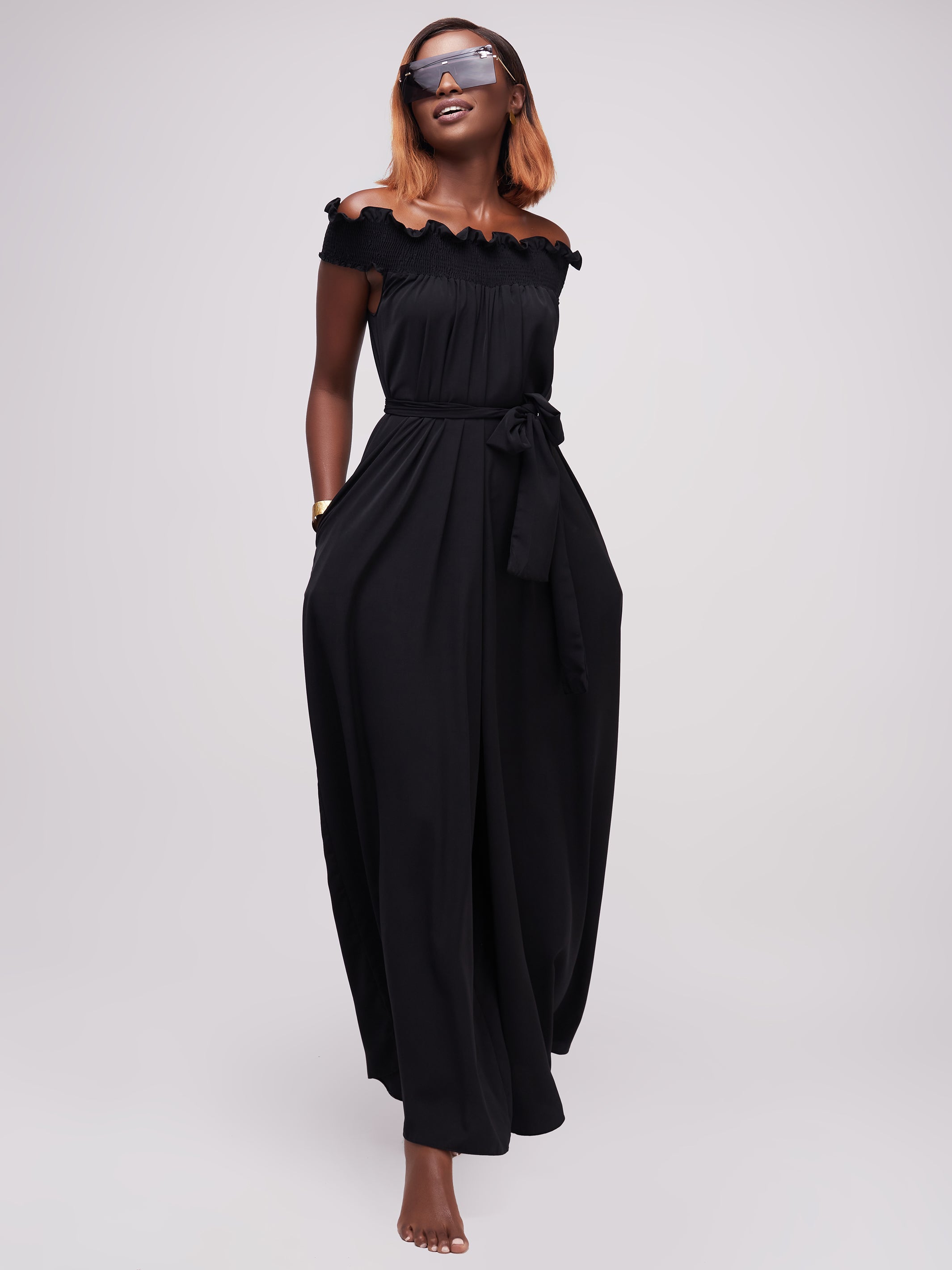 Vivo Alek Shirred Off- Shoulder Jumpsuit - Black